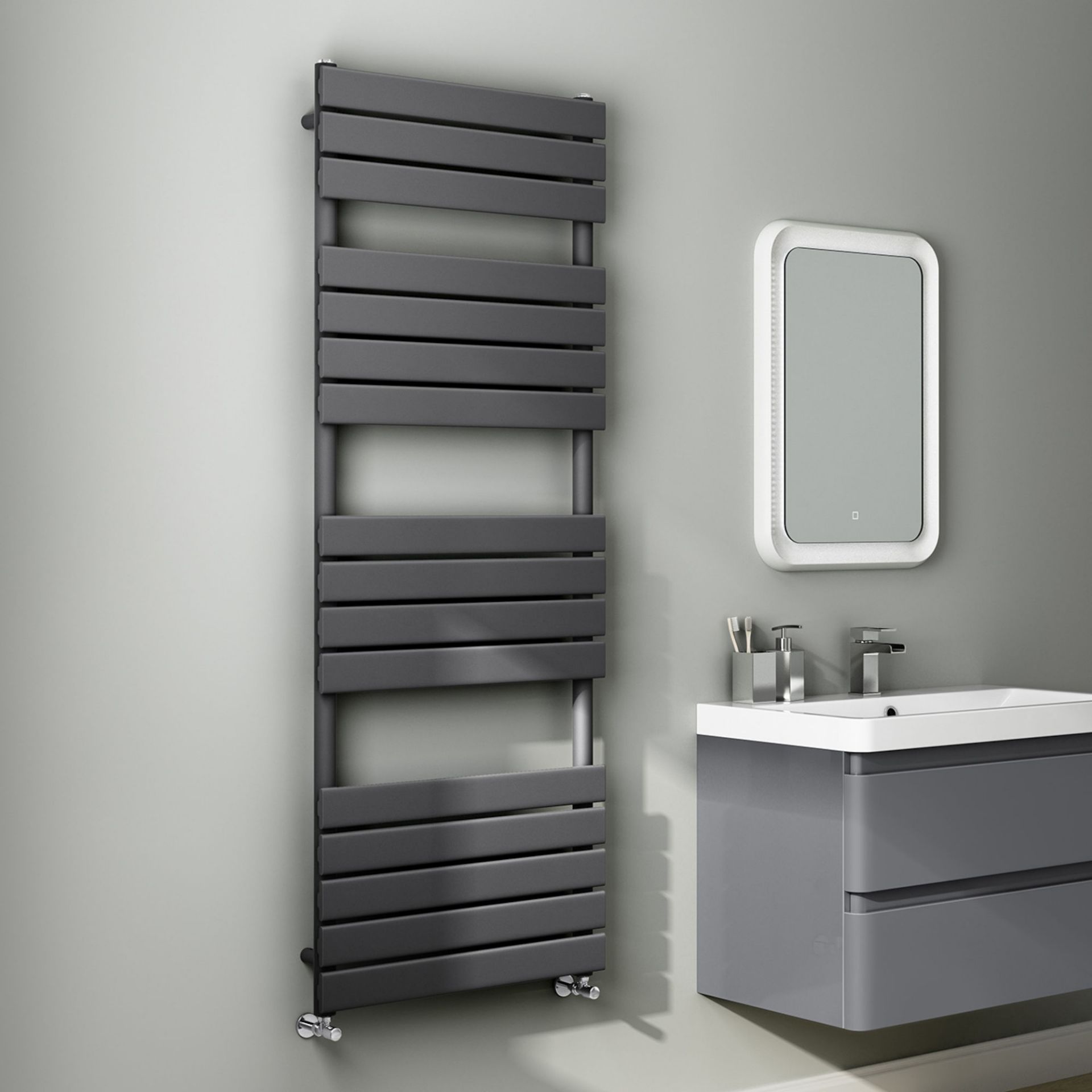 (PT99) 1600x600mm Anthracite Flat Panel Ladder Towel Radiator. RRP £224.99. Made with low carbon