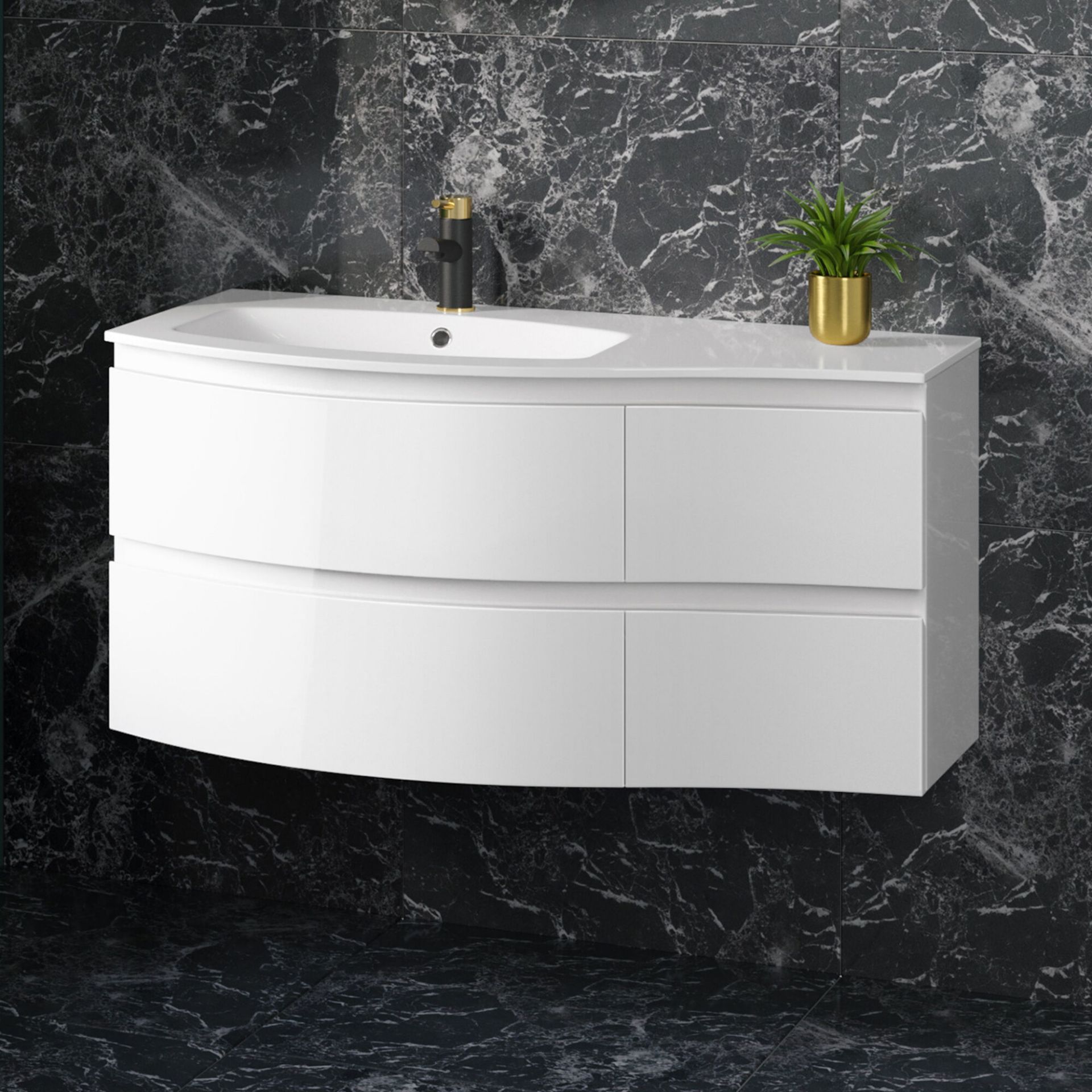 (PT4) 1040mm Amelie High Gloss White Curved Vanity Unit - Left Hand - Wall Hung. Comes complete with