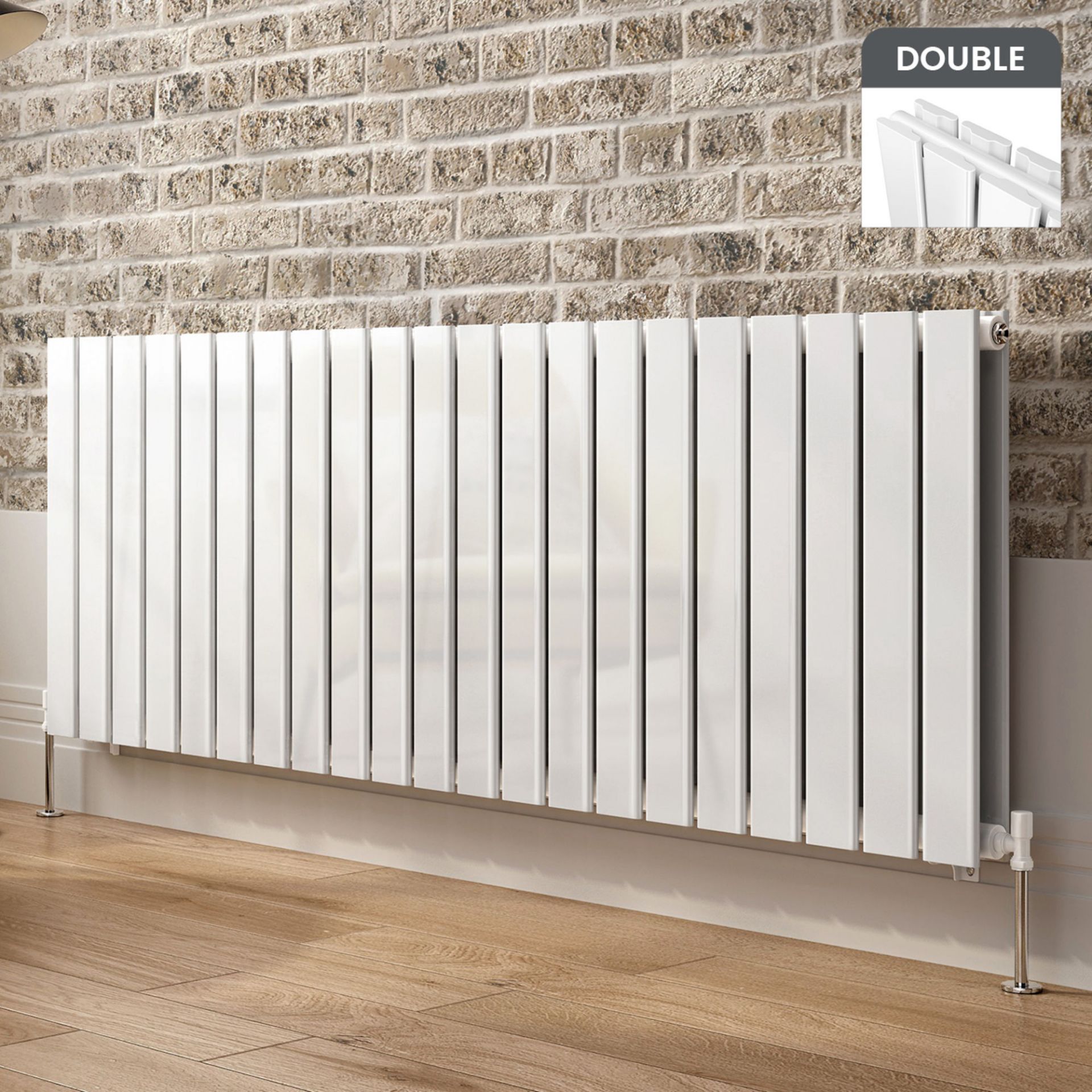 (PT8) 600x1596mm Gloss White Double Flat Panel Horizontal Radiator. RRP £499.99. Engineered under