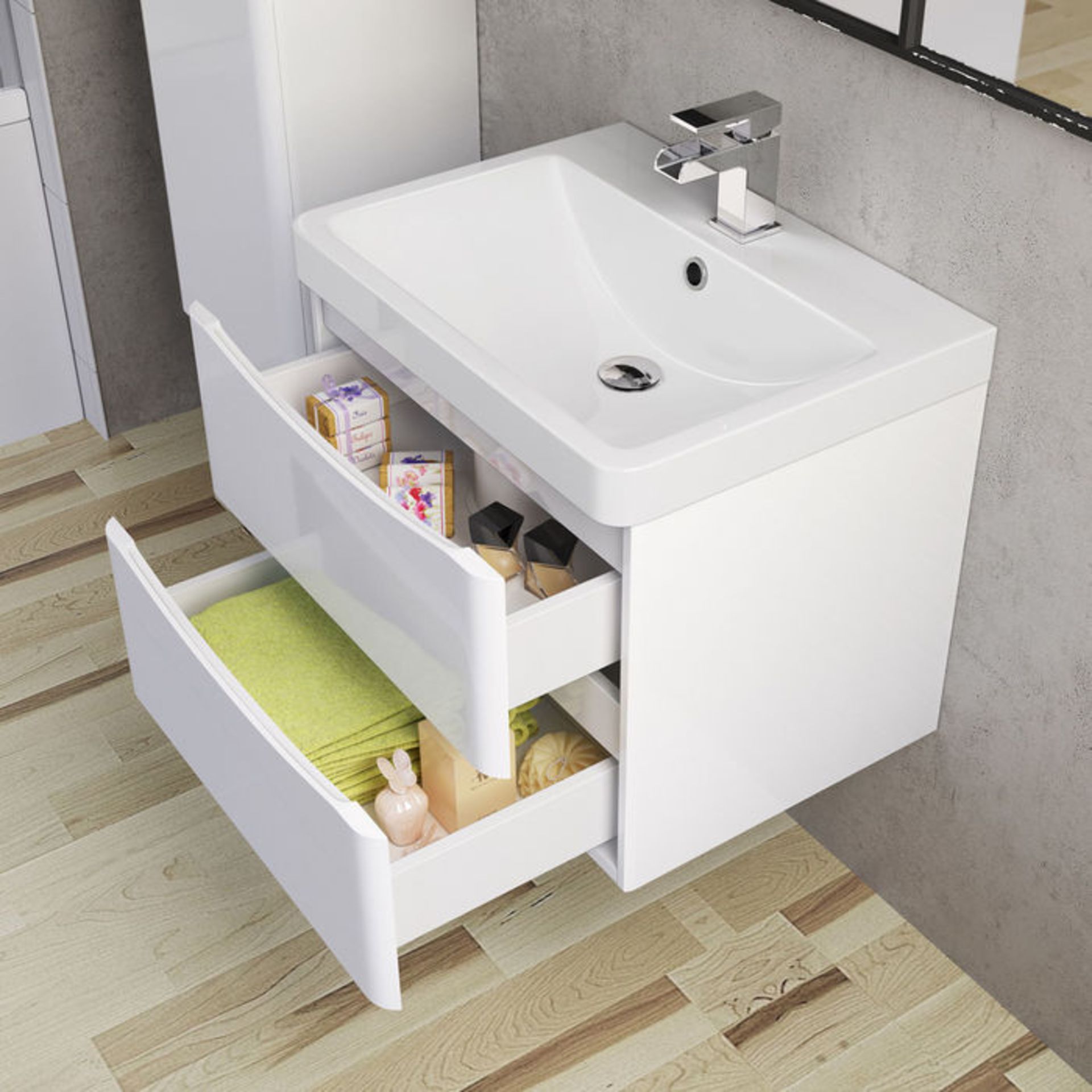 (PT14) 600mm Austin II Gloss White Built In Basin Drawer Unit - Wall Hung. RRP £499.99. Comes - Image 3 of 5