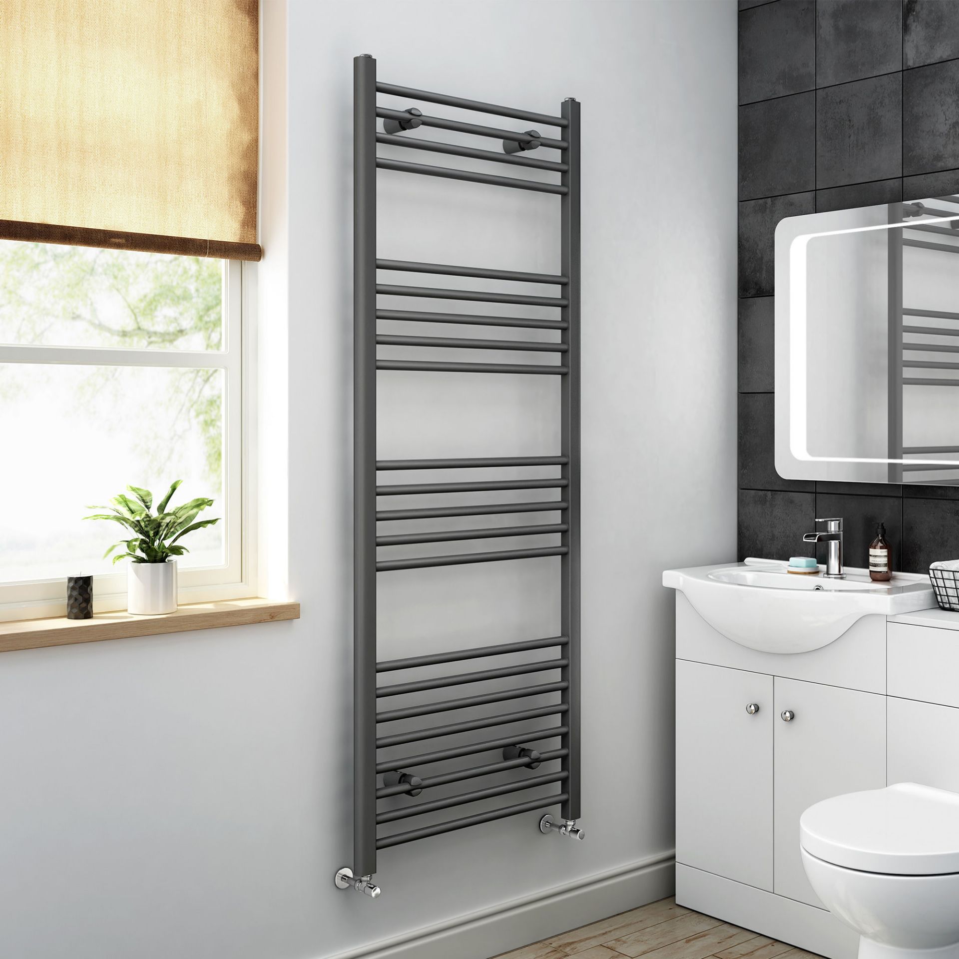 (PT12) 1600x600mm - 20mm Tubes - Anthracite Heated Straight Rail Ladder Towel Radiator. Corrosion