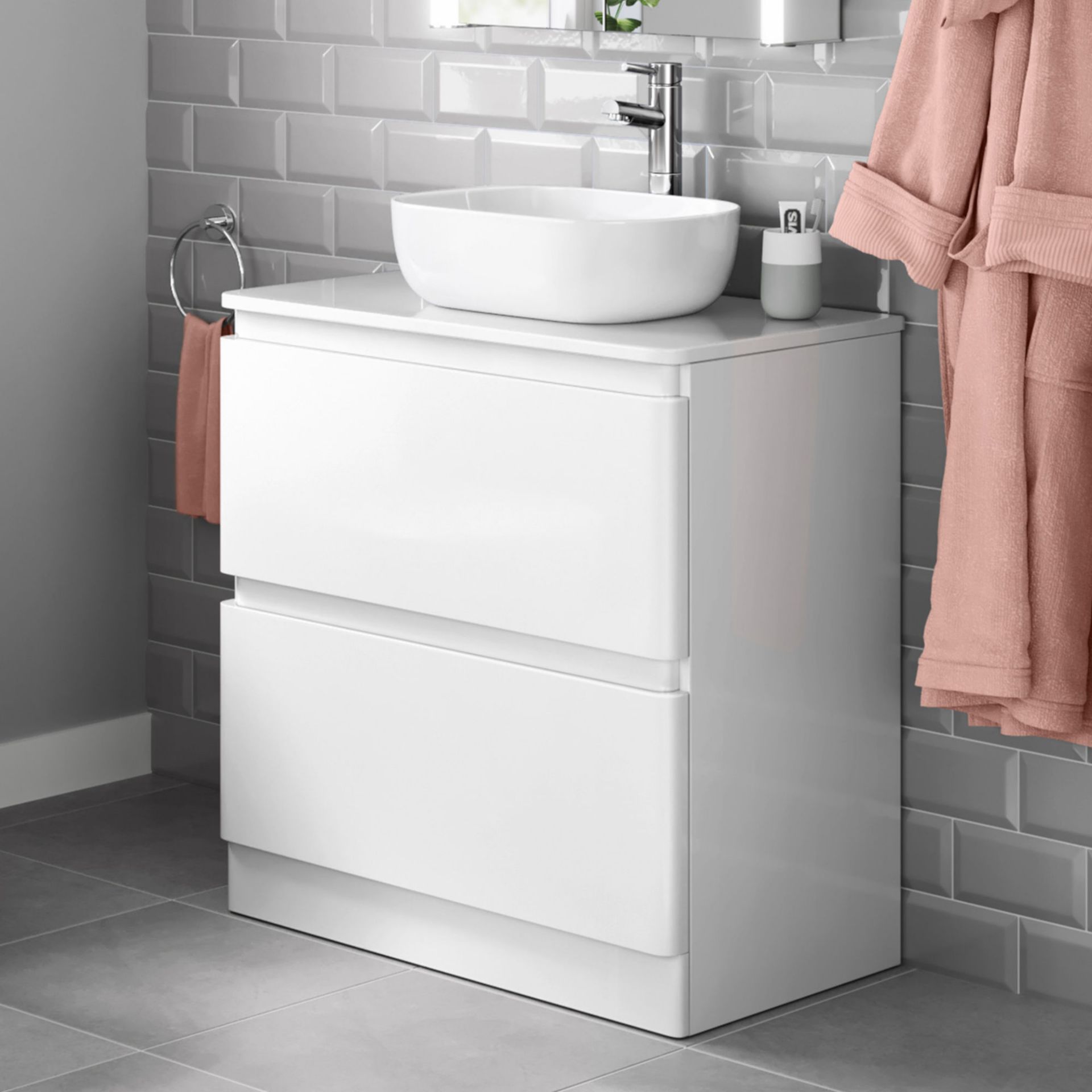 (PT84) 800mm Denver Gloss White Countertop Unit and Colette Basin - Floor Standing. RRP £499.99.