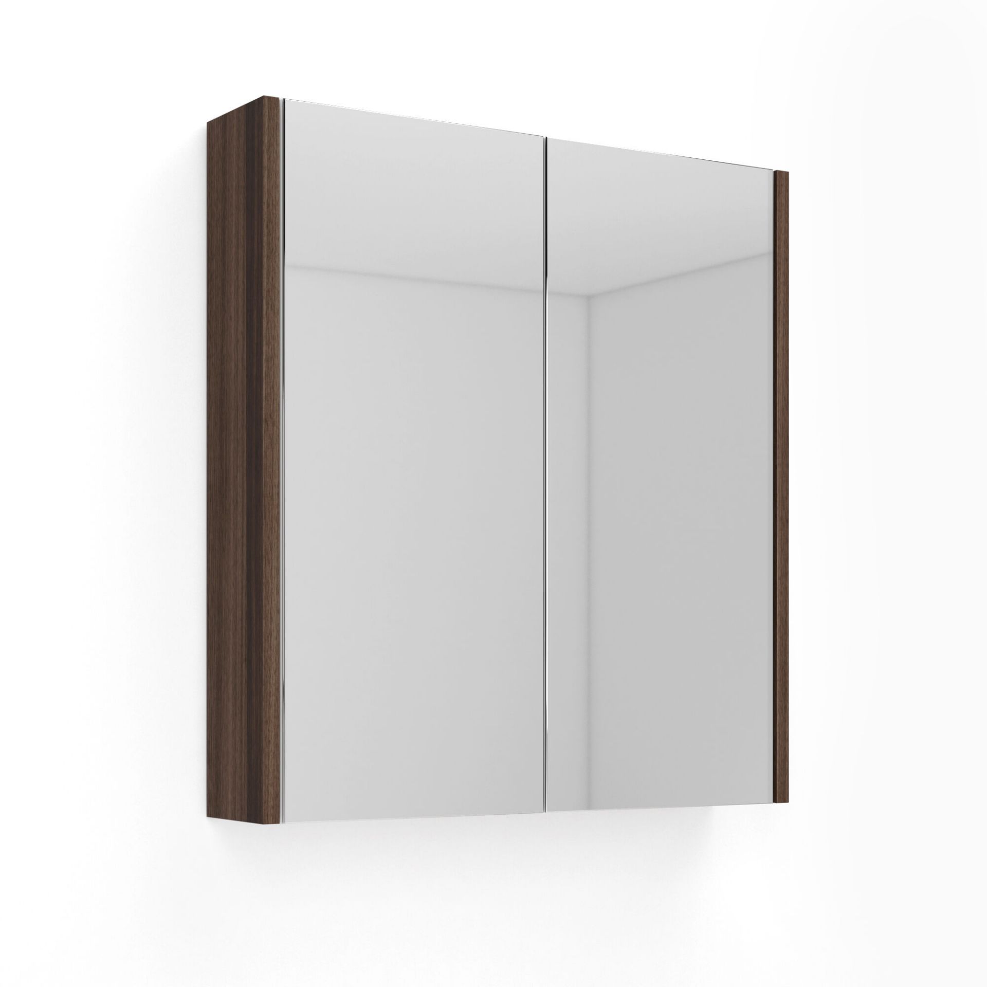 (PT38) 600mm Walnut Effect Double Door Mirror Cabinet. Sleek contemporary design Double door opening