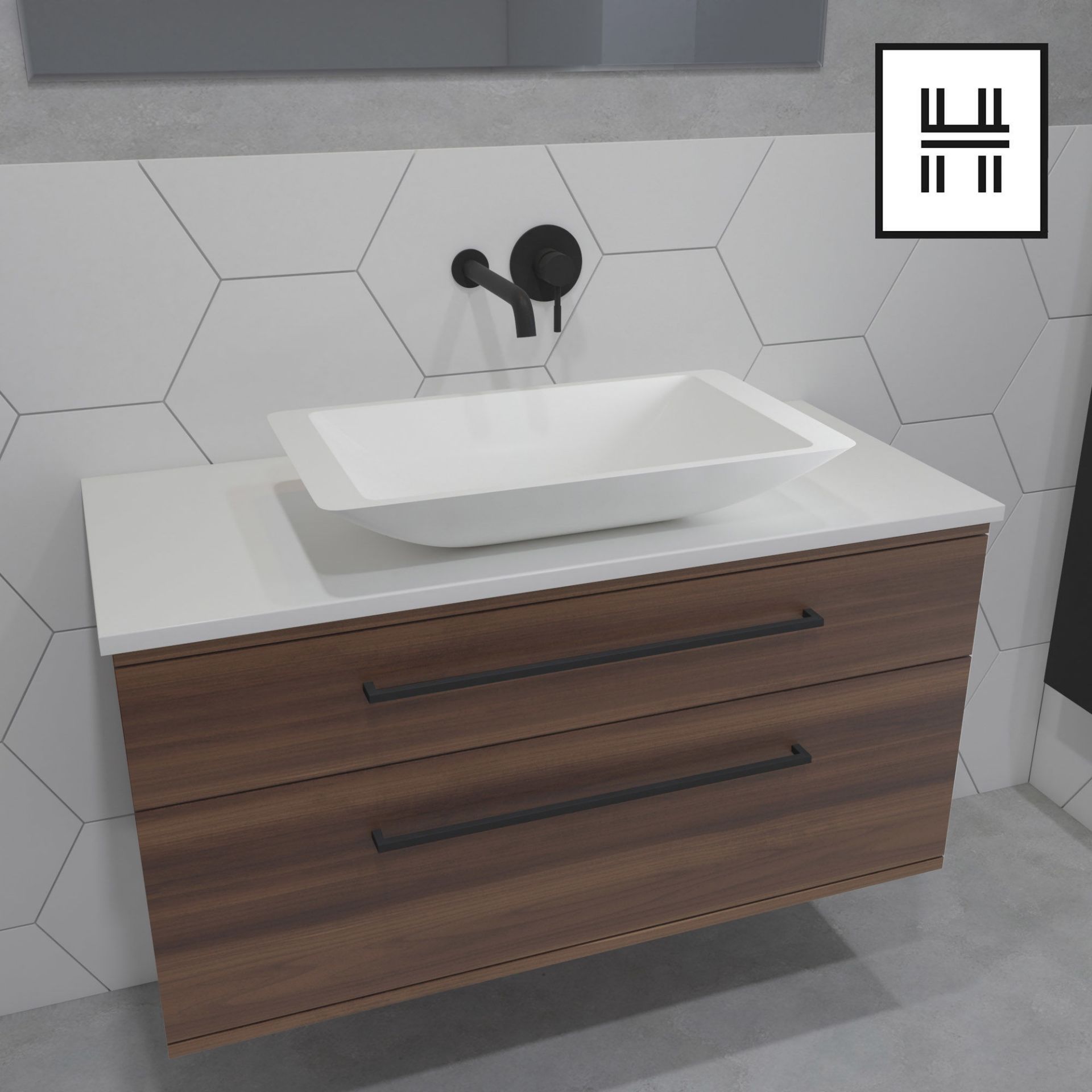 (XS329) Zane Vanity Unit. RRP £949.99. On trend walnut effect finish Slick, stylish and