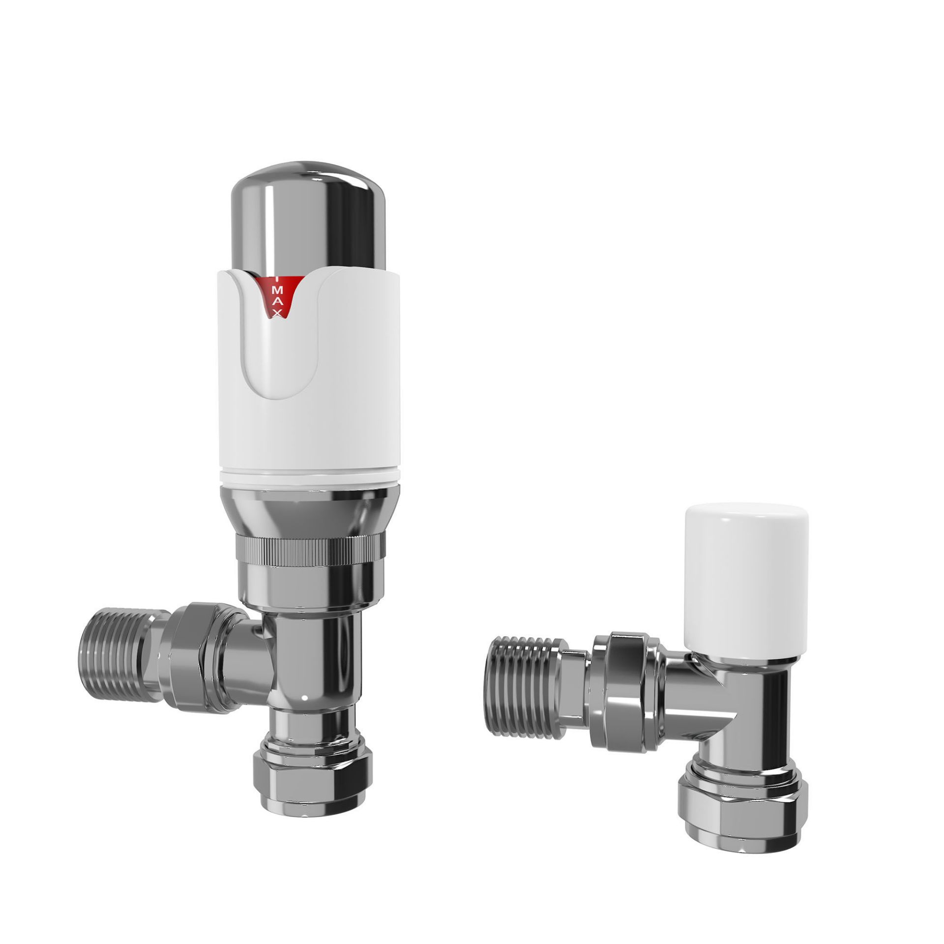 (NF106) 15mm Standard Connection Thermostatic Angled Gloss White & Chrome Radiator Valves Solid