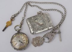 Silver Key Wind Watch With Double Albert And Silver Vesta