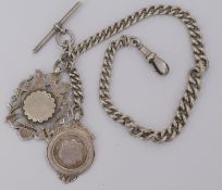 Silver Albert Watch Chain With Double Silver Pendants