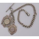Silver Albert Watch Chain With Double Silver Pendants