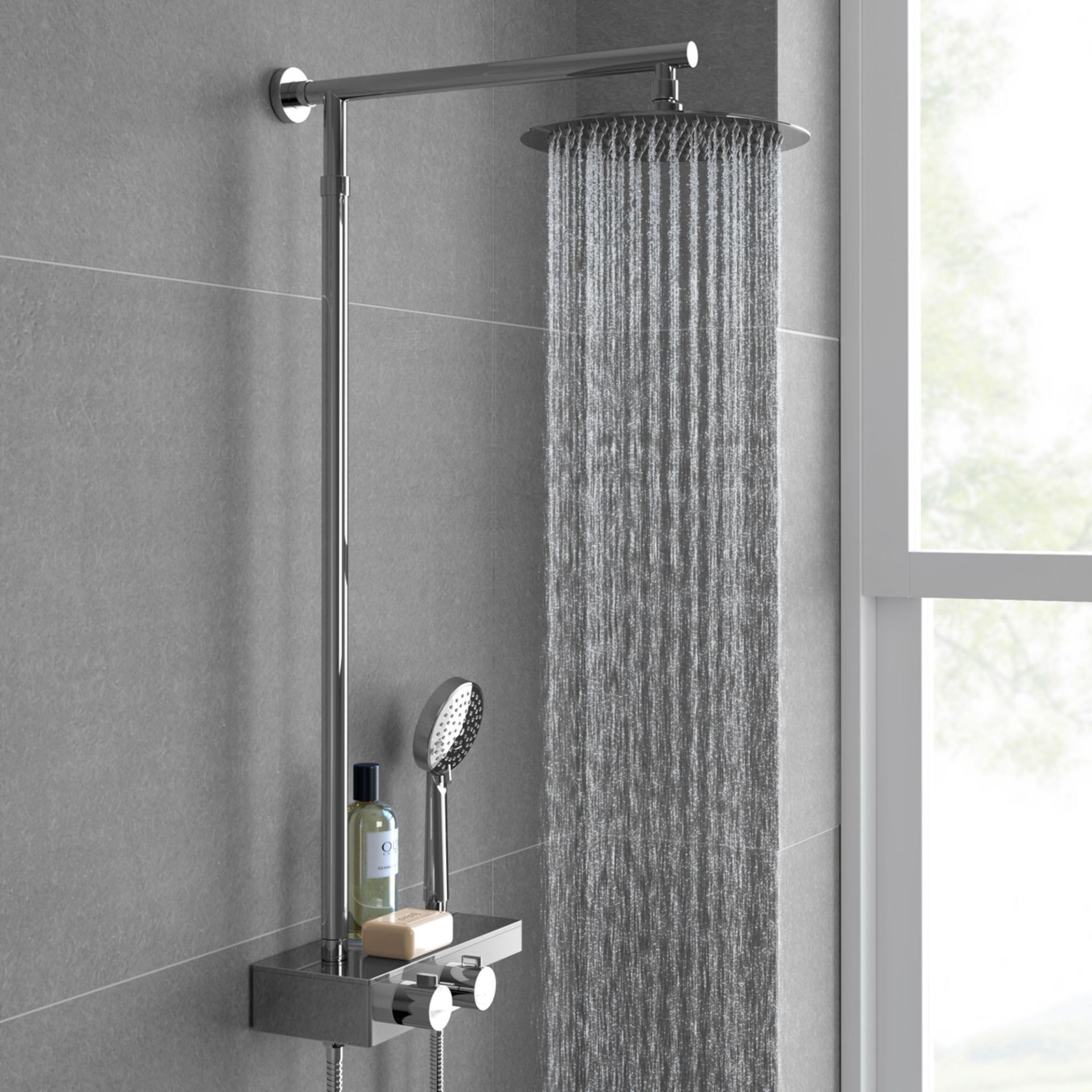 (ZL36) Round Exposed Thermostatic Mixer Shower Kit & Large Head. Cool to touch shower for additional