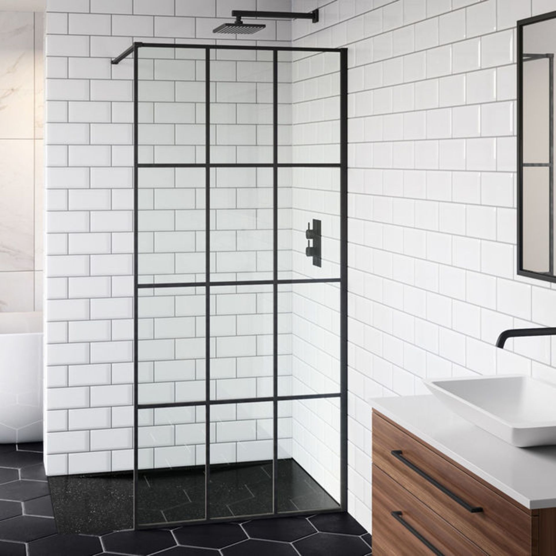 (ZL23) 900mm - 8mm Designer Black Shoji Crittall Style Shower Screen. RRP £399.99. EasyClean coating