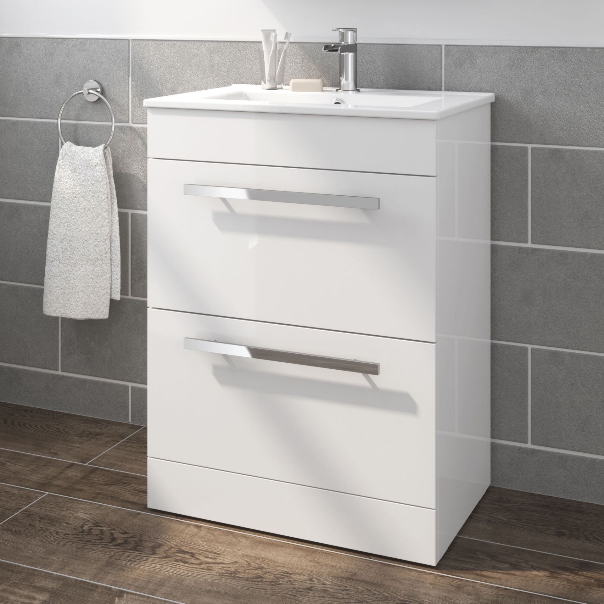 (JM31) 600mm Avon High Gloss White Double Drawer Basin Cabinet - Floor Standing. RRP £499.99.