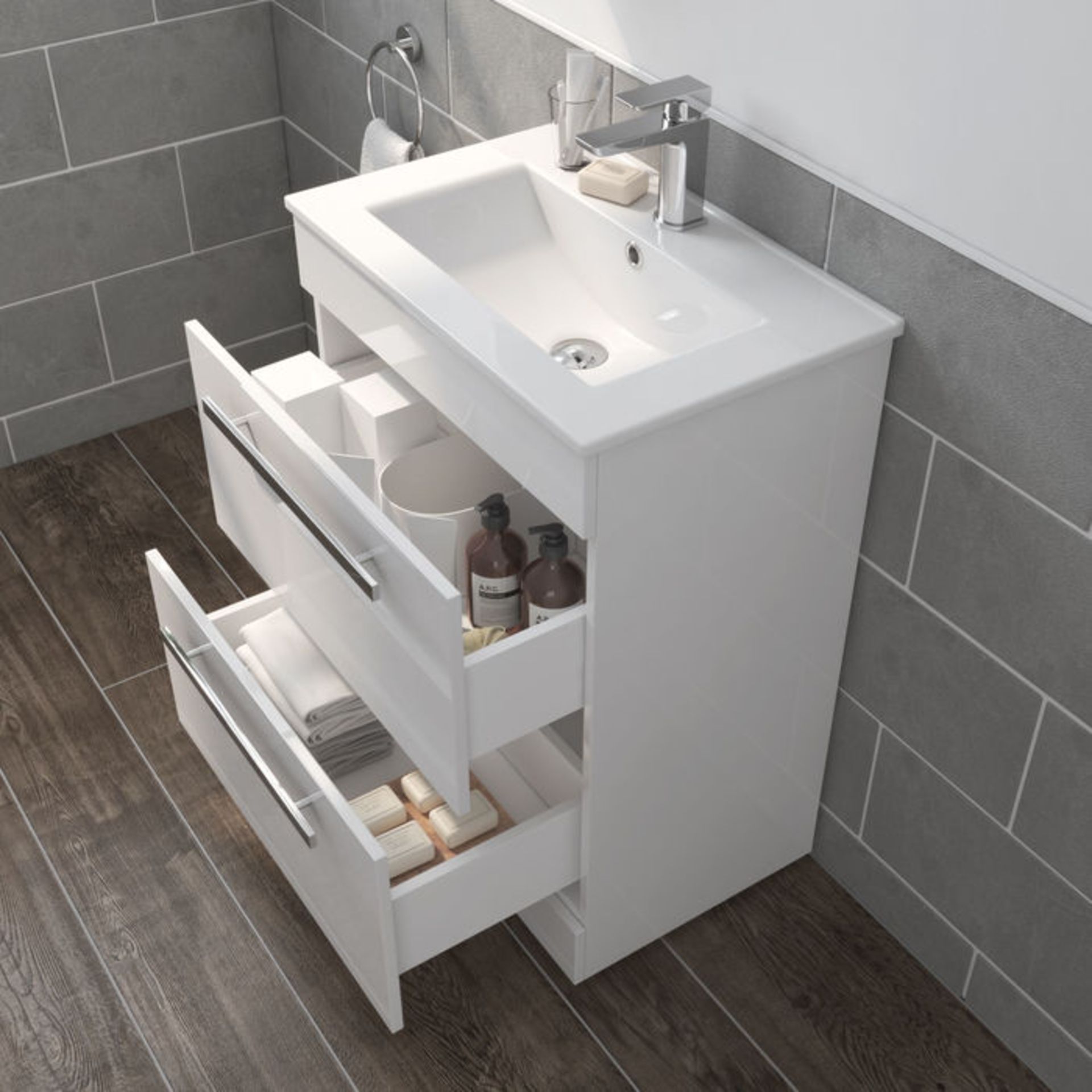 (JM31) 600mm Avon High Gloss White Double Drawer Basin Cabinet - Floor Standing. RRP £499.99. - Image 2 of 5