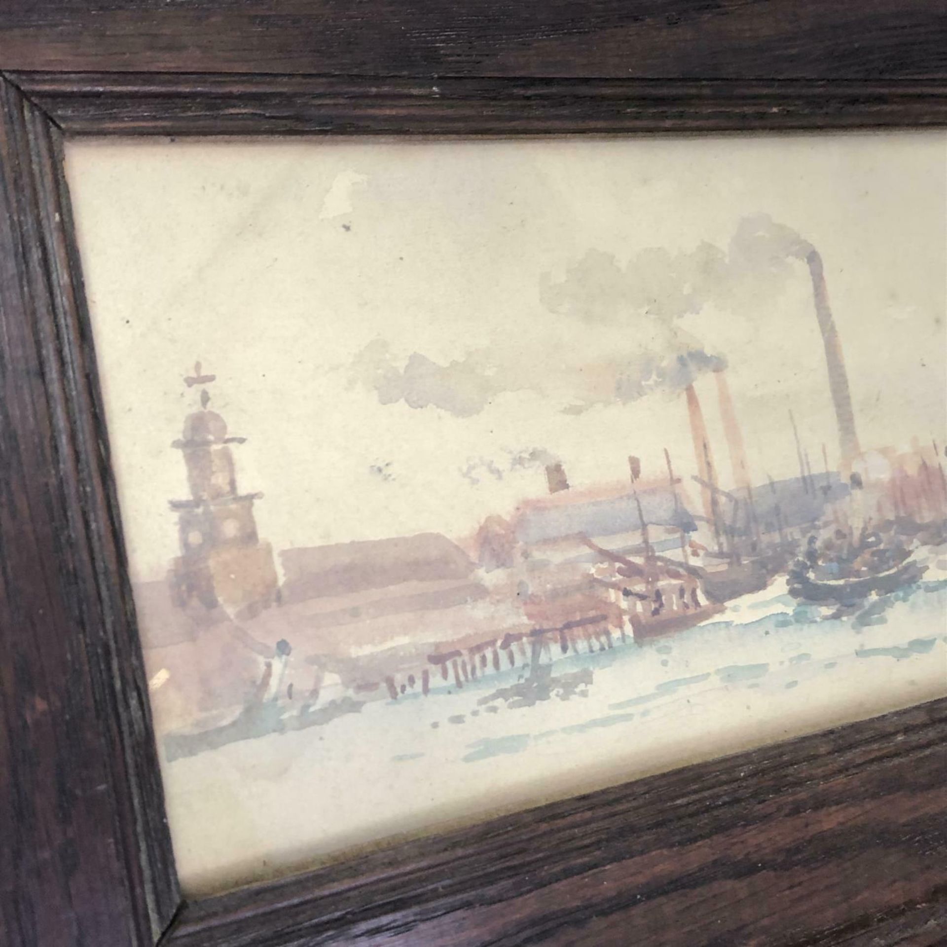 Oak framed watercolour a harbour town Labelled verso - Painted by Lady Egerton - Image 4 of 5