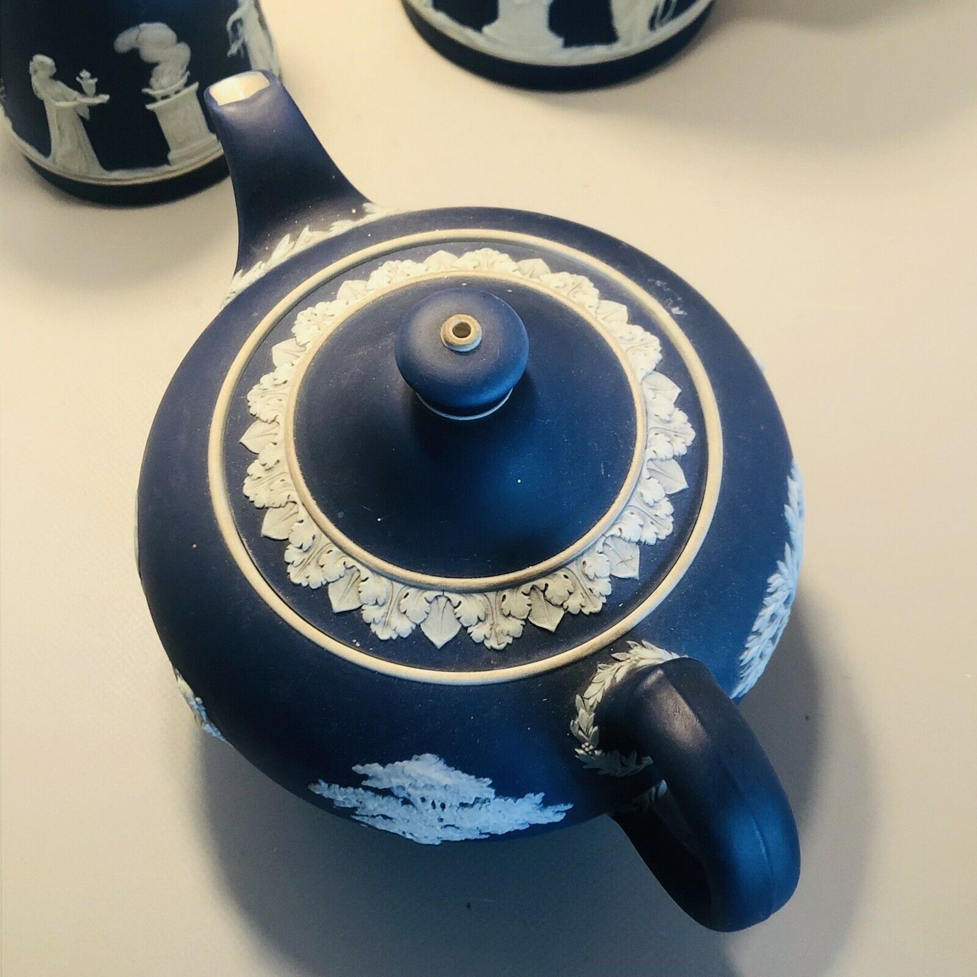 3 x Antique Victorian Wedgwood Dark Cobalt Blue Jasperware - Teapot & 2 Jugs - Image 2 of 12