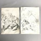 A pair of antique Christian etchings birth of Christ - Nativity Angel Shepherd