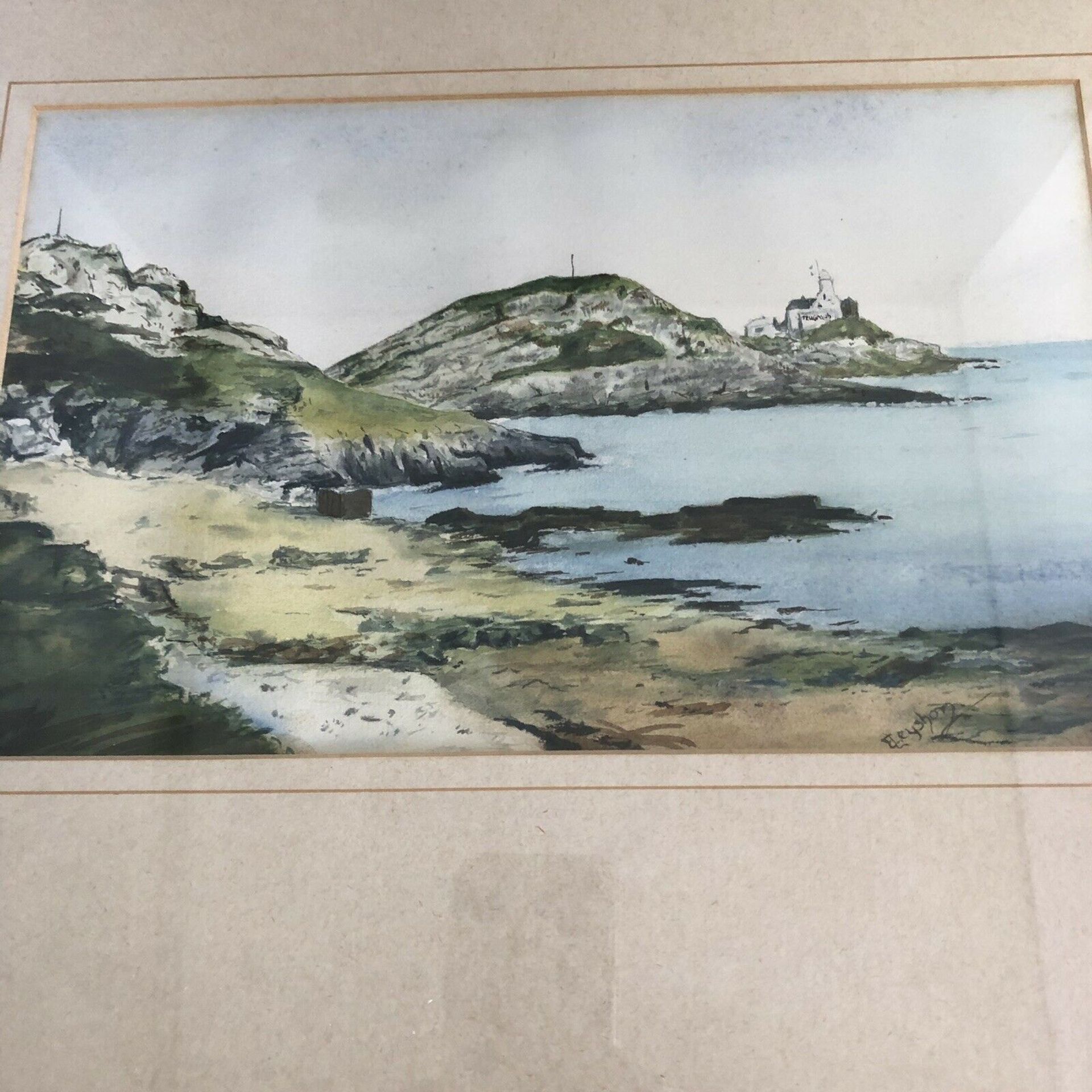 Original Signed Watercolour Painting Mumbles Lighthouse Swansea E Leyshon 1920s - Image 2 of 6