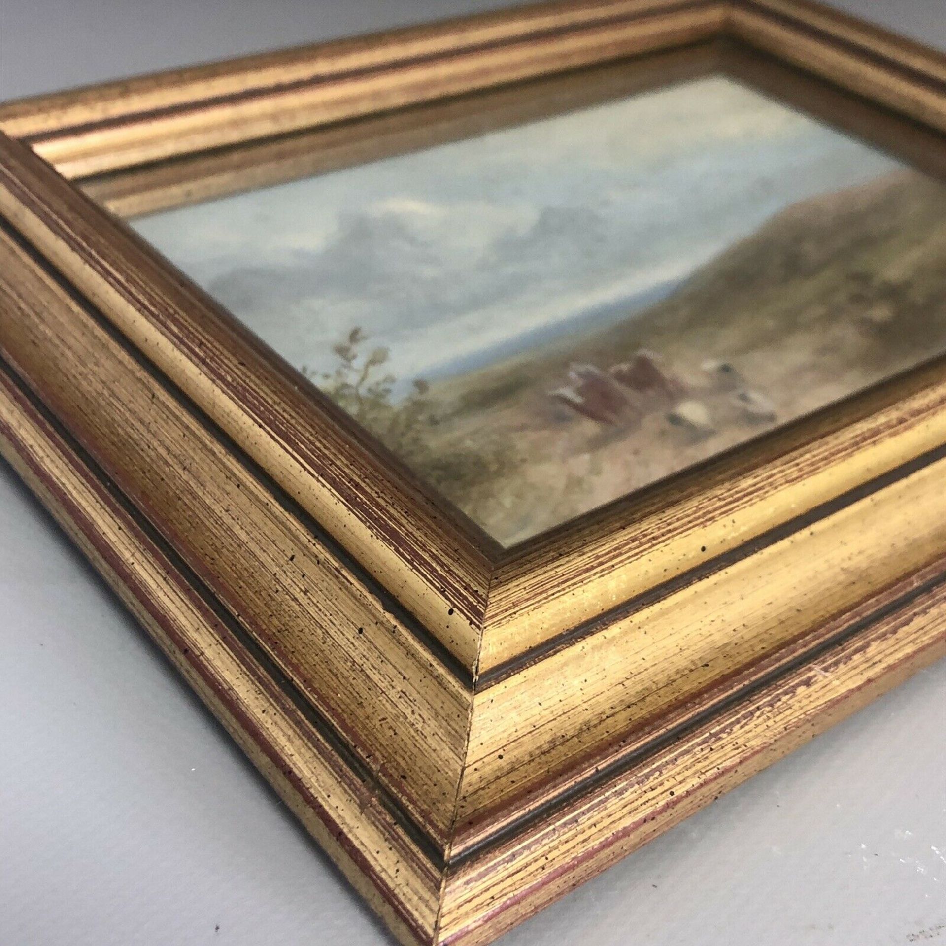 Framed Vintage Small Oil Painting - Farmer Cows Sheep - Unsigned - Gilt Frame - Image 2 of 5