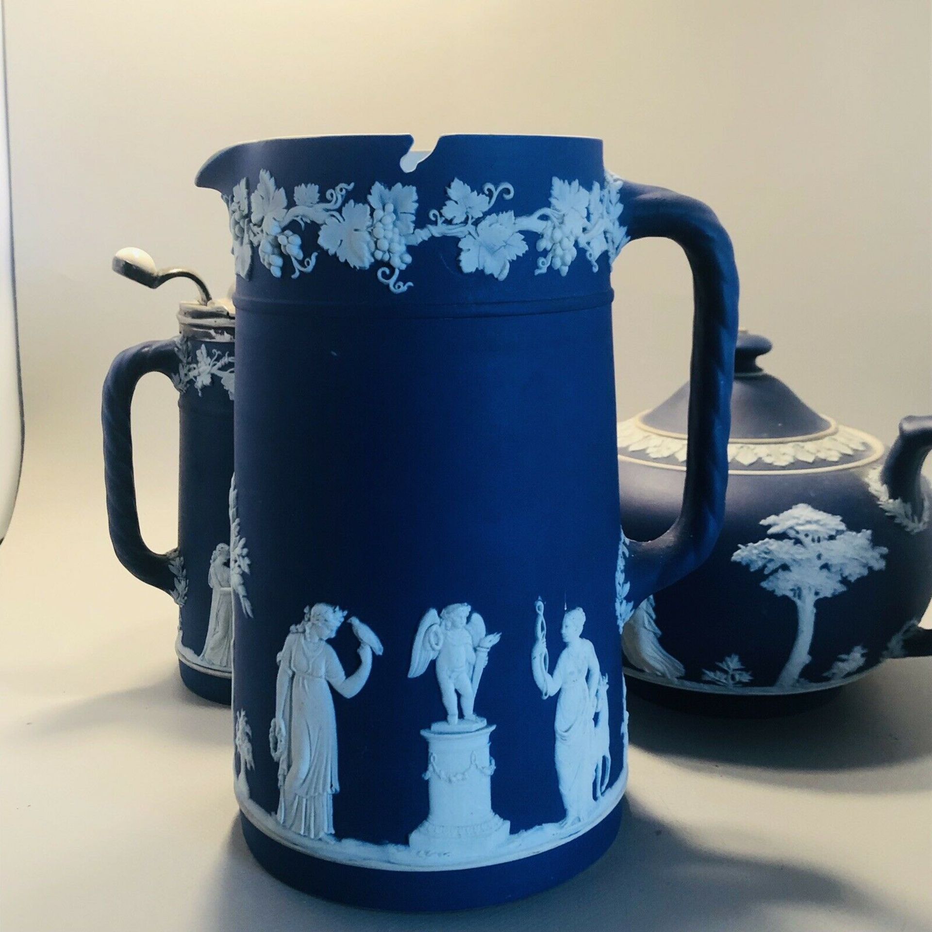 3 x Antique Victorian Wedgwood Dark Cobalt Blue Jasperware - Teapot & 2 Jugs - Image 10 of 12