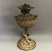 Antique Ornate Ormolu Gilt Metal Heavy Oil Lamp with Cherub Putti Figure