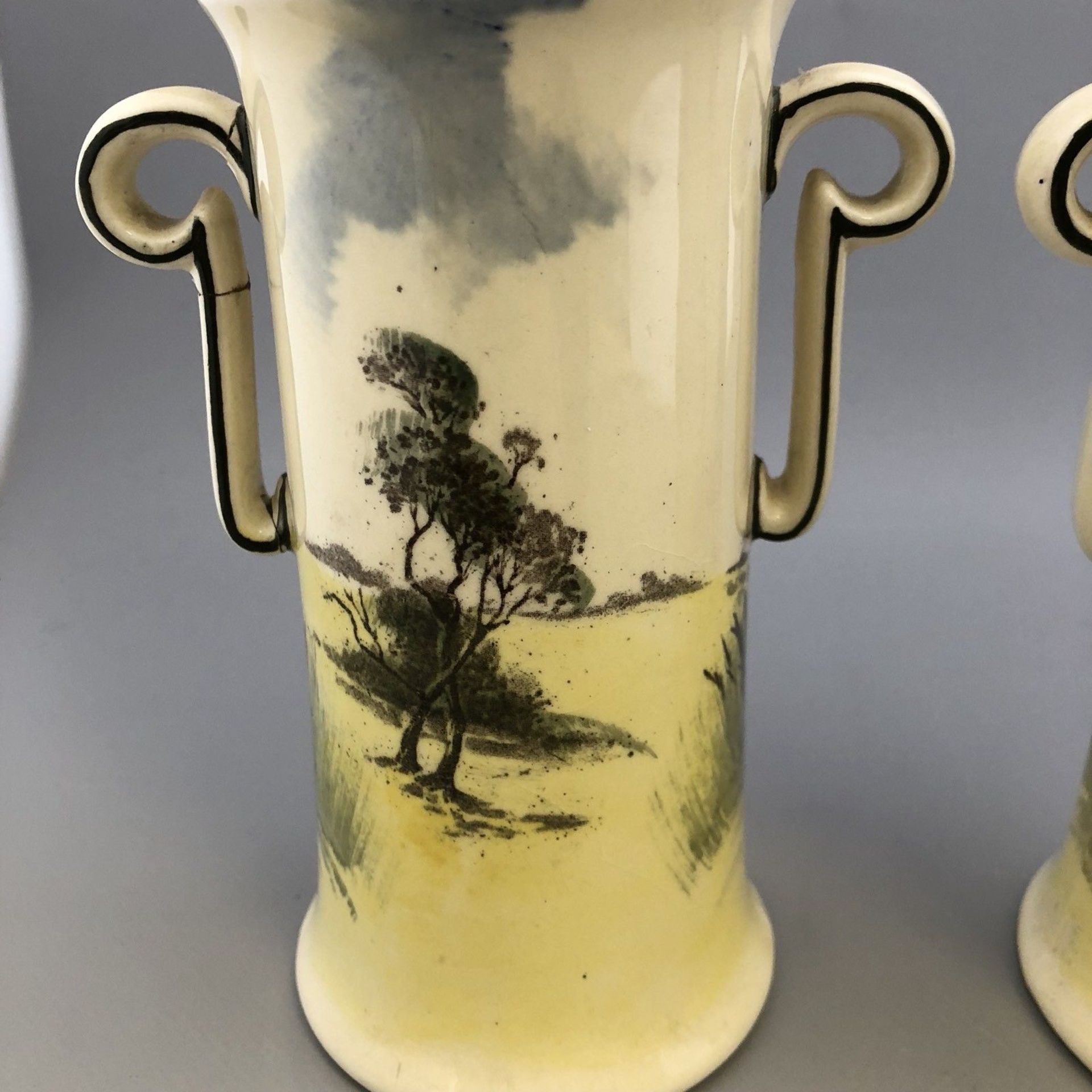 Vintage Pair of Royal Doulton Two Handled Vases with Rustic Scenic Designs 1930s - Image 6 of 10