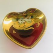 Vintage Red & Gilt Gold Czech Moser Glass Heart Trinket Dish Enamelled Flowers