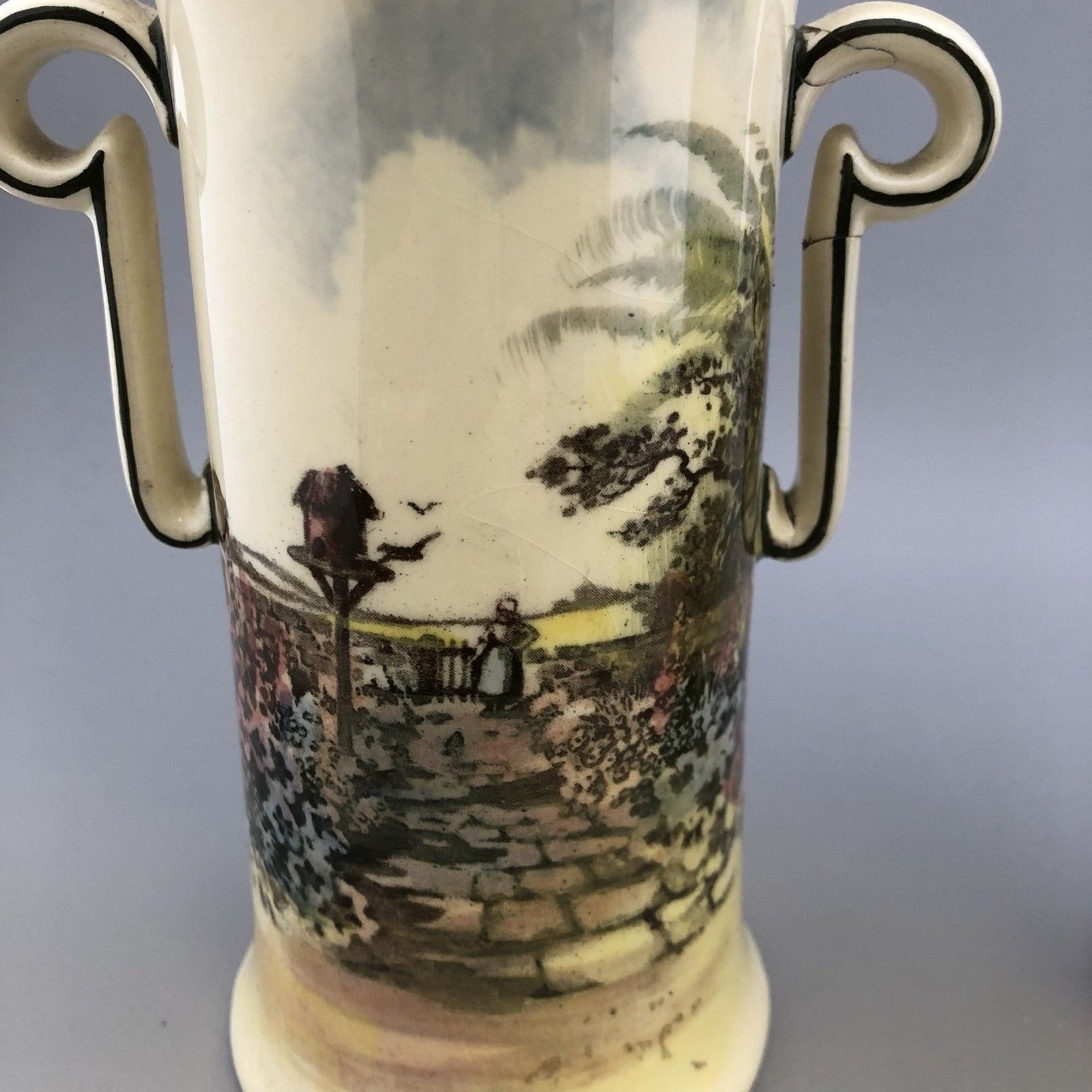 Vintage Pair of Royal Doulton Two Handled Vases with Rustic Scenic Designs 1930s - Image 3 of 10