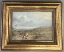 Framed Vintage Small Oil Painting - Farmer Cows Sheep - Unsigned - Gilt Frame