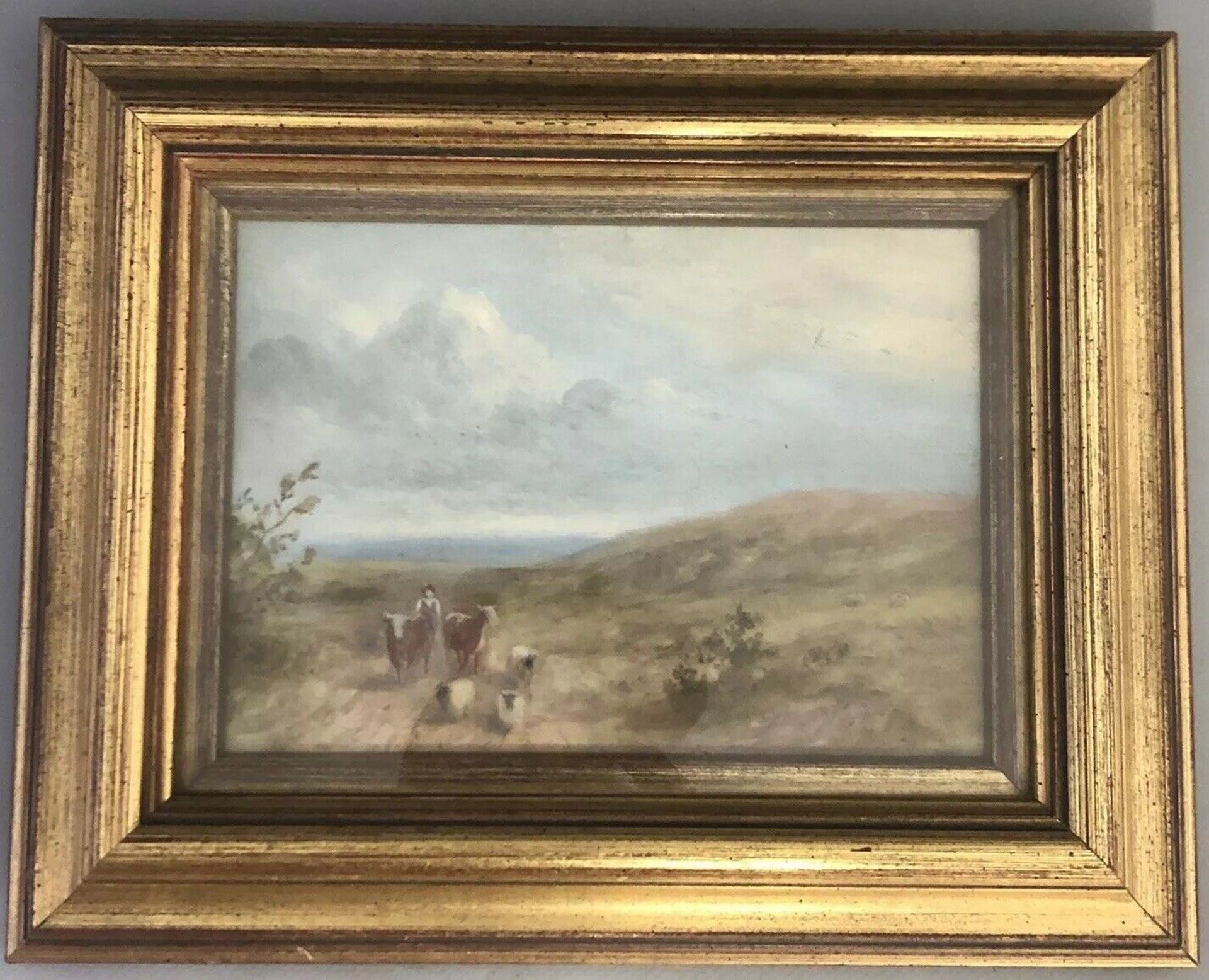 Framed Vintage Small Oil Painting - Farmer Cows Sheep - Unsigned - Gilt Frame