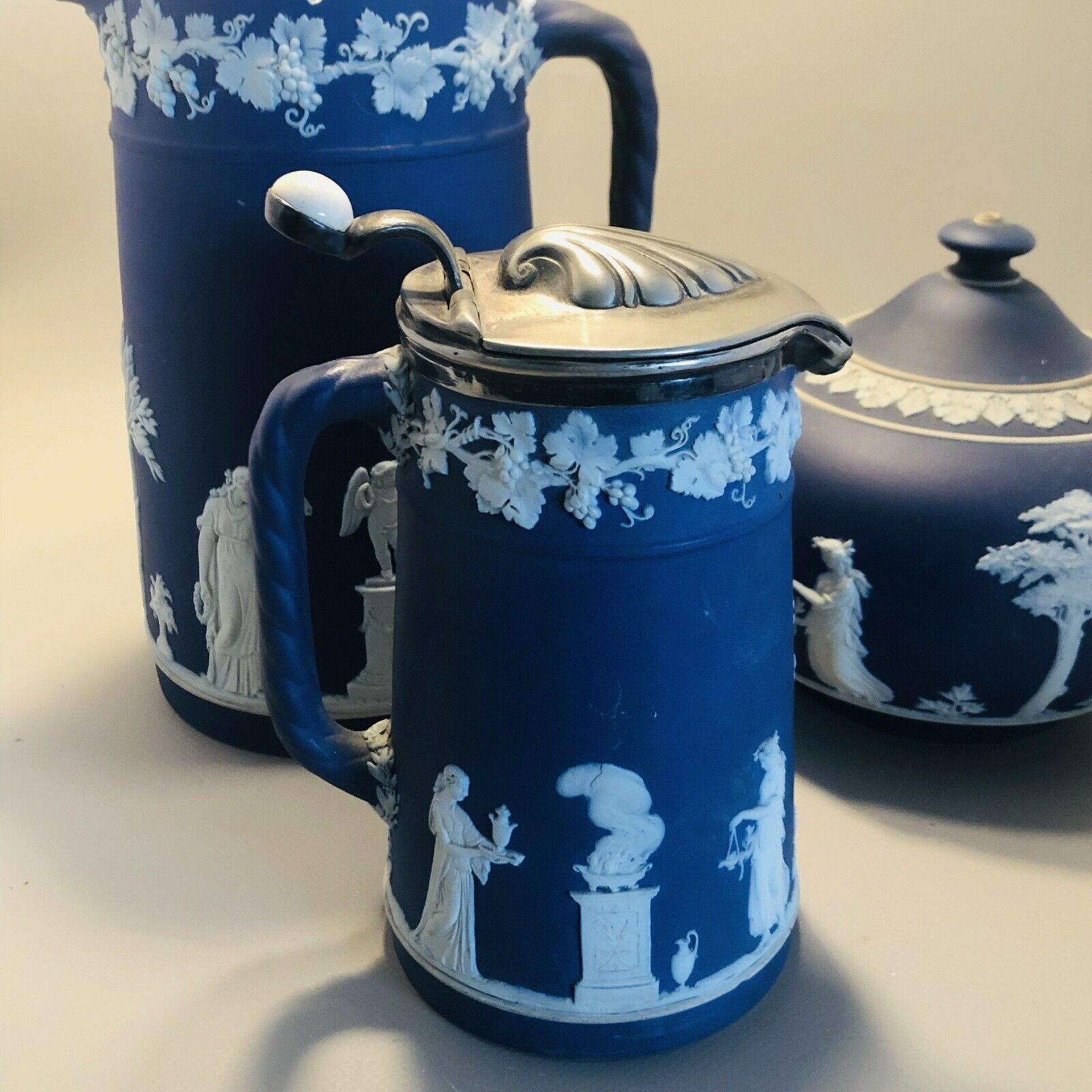 3 x Antique Victorian Wedgwood Dark Cobalt Blue Jasperware - Teapot & 2 Jugs - Image 6 of 12