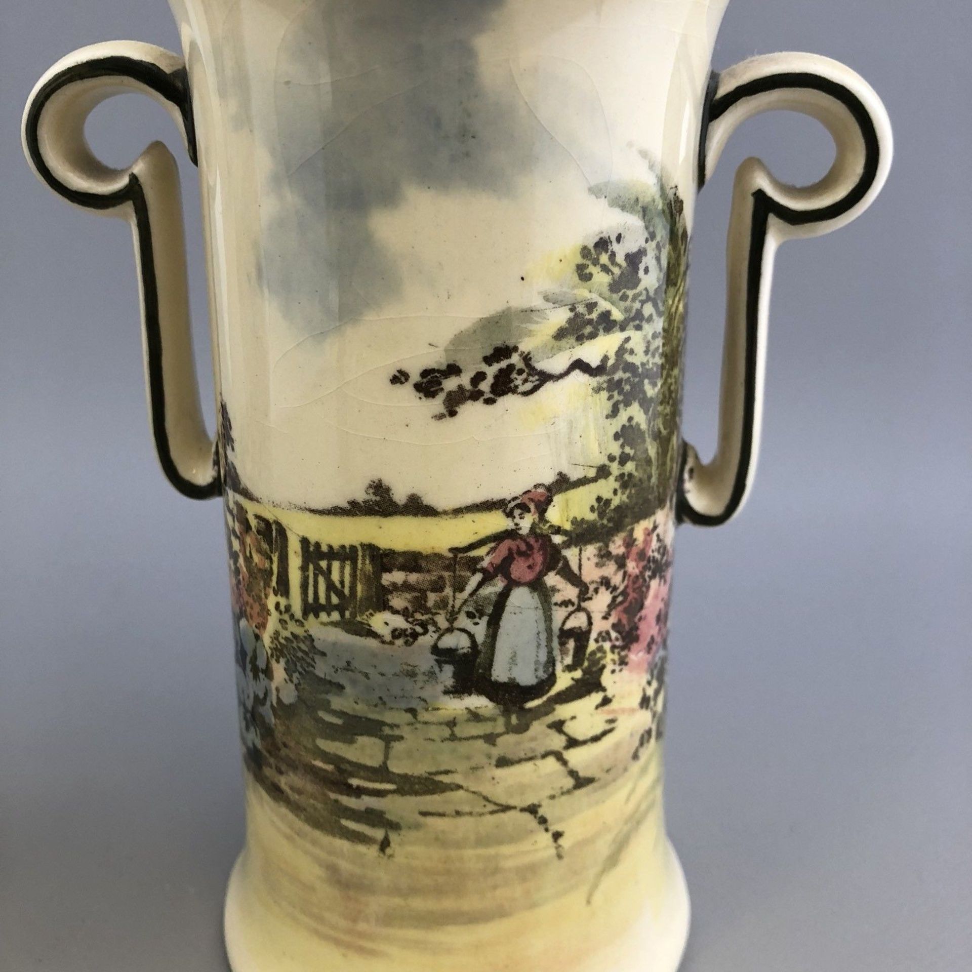 Vintage Pair of Royal Doulton Two Handled Vases with Rustic Scenic Designs 1930s - Image 2 of 10