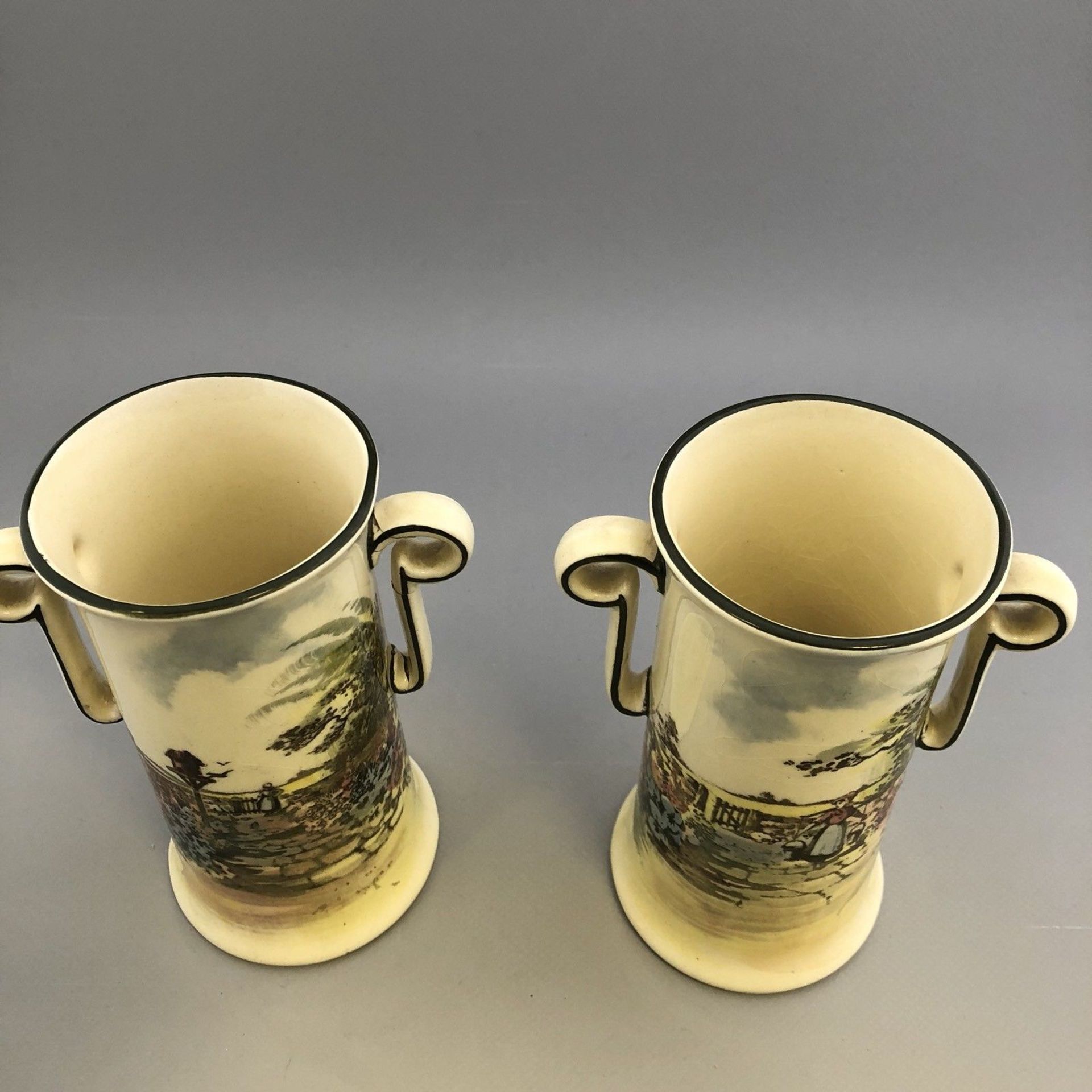 Vintage Pair of Royal Doulton Two Handled Vases with Rustic Scenic Designs 1930s - Image 10 of 10