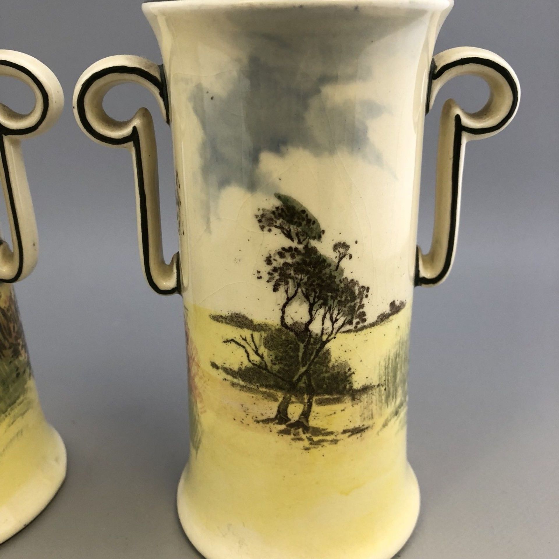 Vintage Pair of Royal Doulton Two Handled Vases with Rustic Scenic Designs 1930s - Image 5 of 10