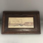 Oak framed watercolour a harbour town Labelled verso - Painted by Lady Egerton