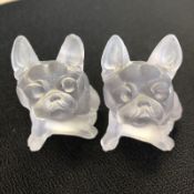 Pair of vintage moulded frosted glass pug or bulldog ornament figurines 7cm