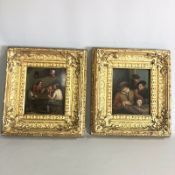 PAIR Antique Dutch Genre Oils on Metal Panel in Original Gilt Frames - 18thC