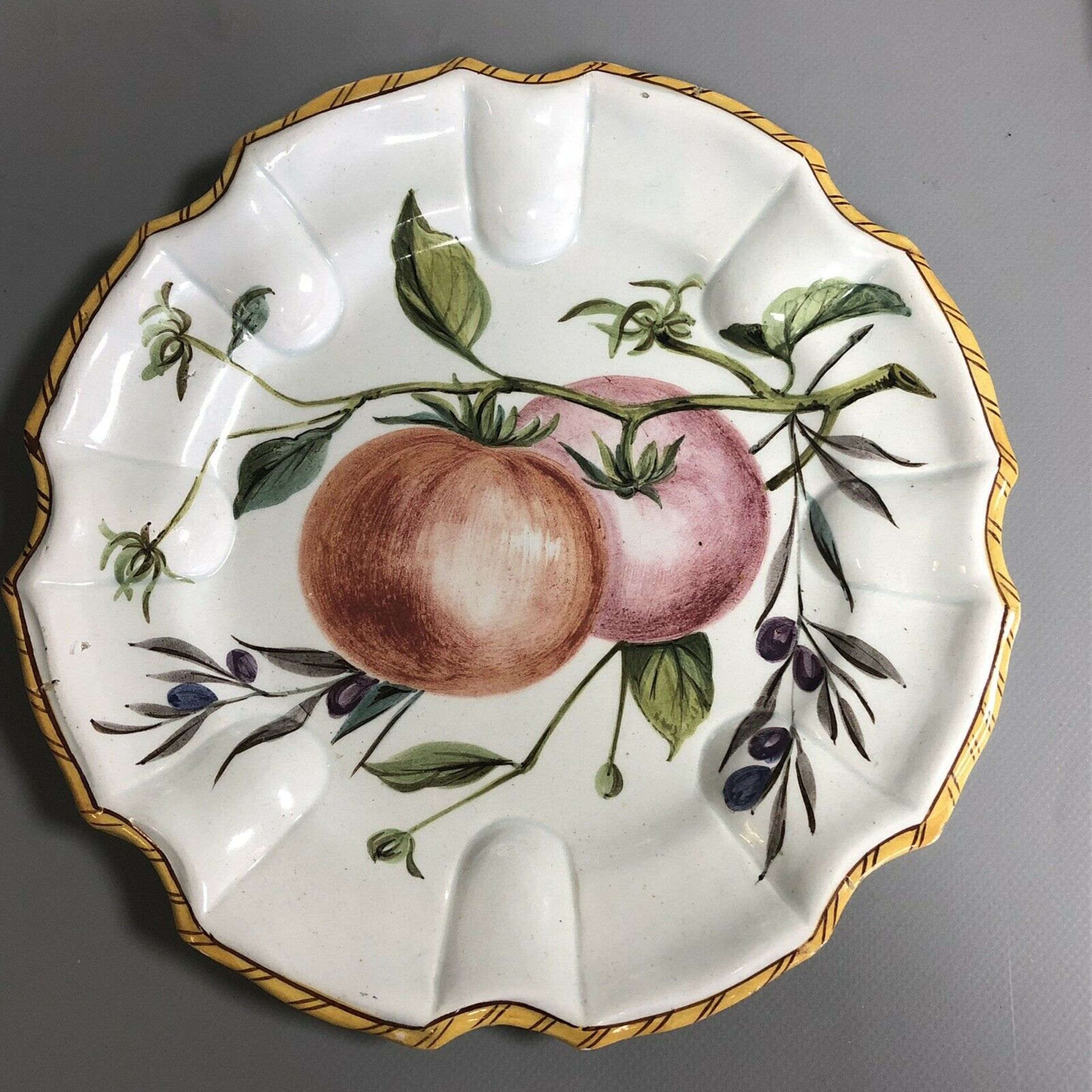 3 antique Continental pottery plates with hand painted fruits Faience Delft? - Image 4 of 8