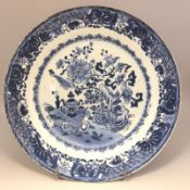 18th century Chinese blue and white plate with trees moths & precious objects