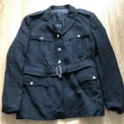 A Vintage Black Police Uniform Belted Jacket with Dyfed Powys Buttons