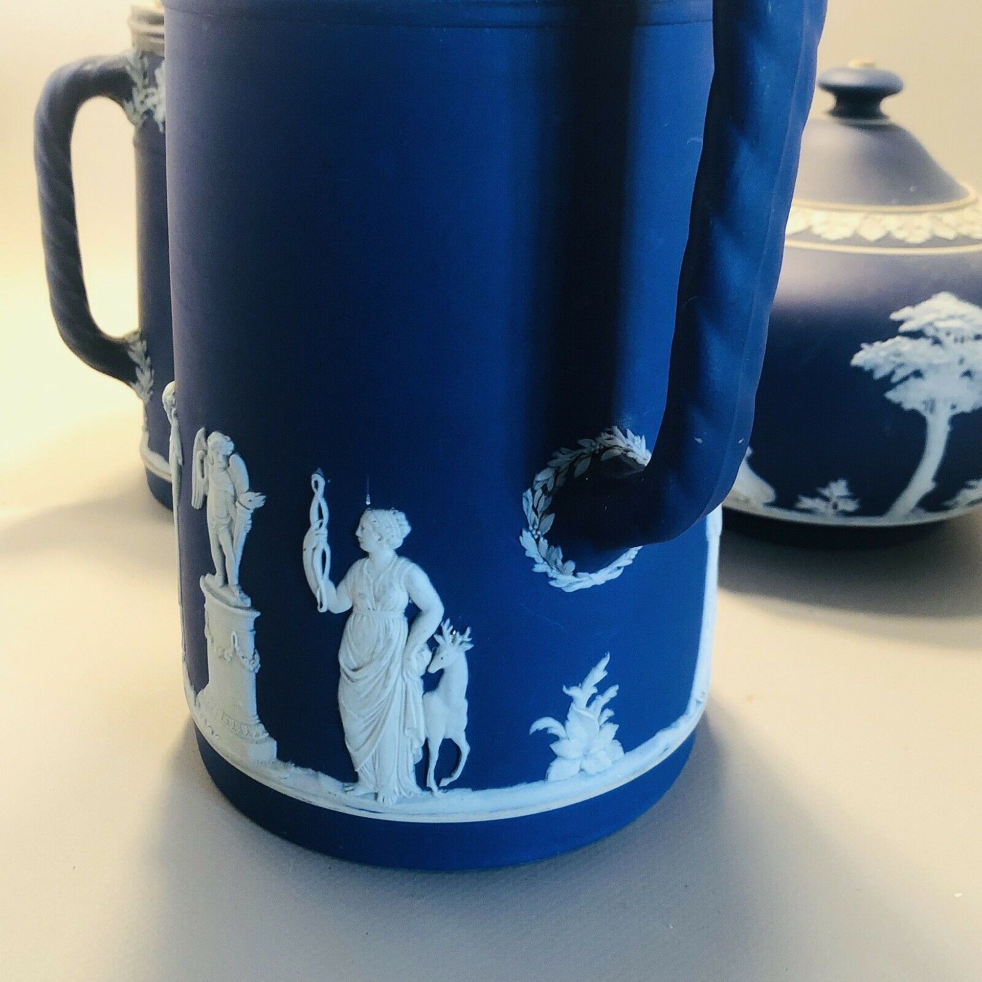 3 x Antique Victorian Wedgwood Dark Cobalt Blue Jasperware - Teapot & 2 Jugs - Image 11 of 12