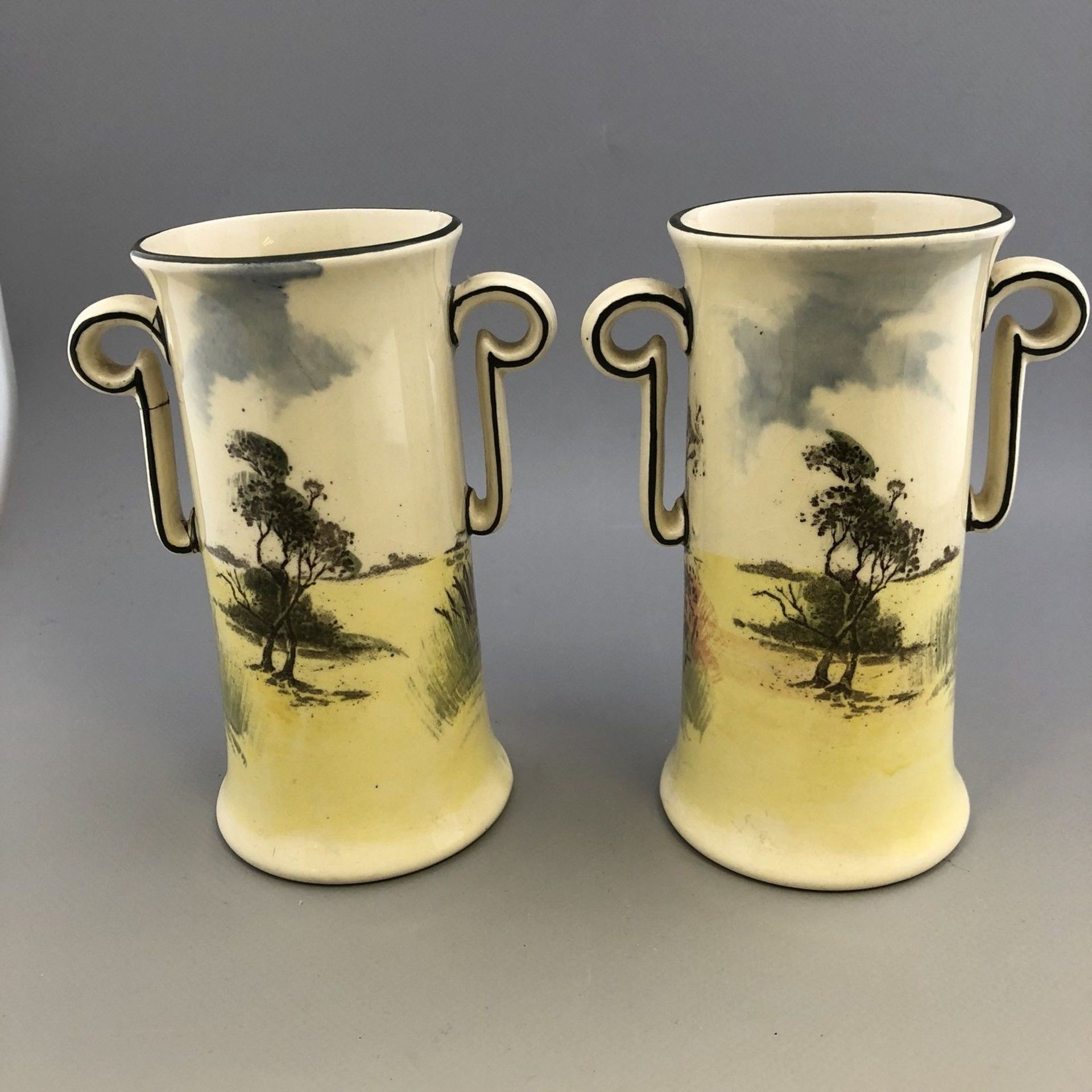 Vintage Pair of Royal Doulton Two Handled Vases with Rustic Scenic Designs 1930s - Image 4 of 10