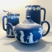 3 x Antique Victorian Wedgwood Dark Cobalt Blue Jasperware - Teapot & 2 Jugs