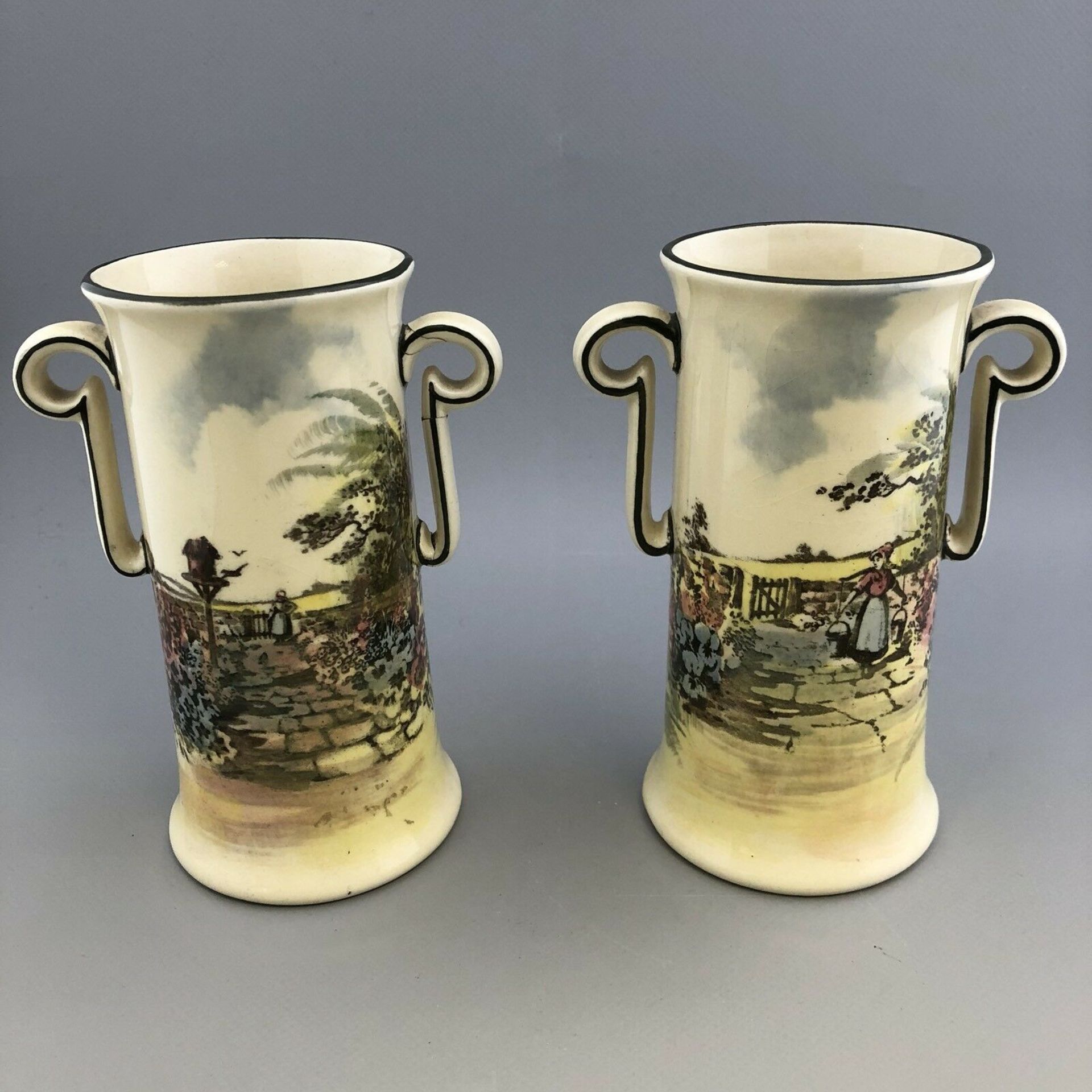 Vintage Pair of Royal Doulton Two Handled Vases with Rustic Scenic Designs 1930s