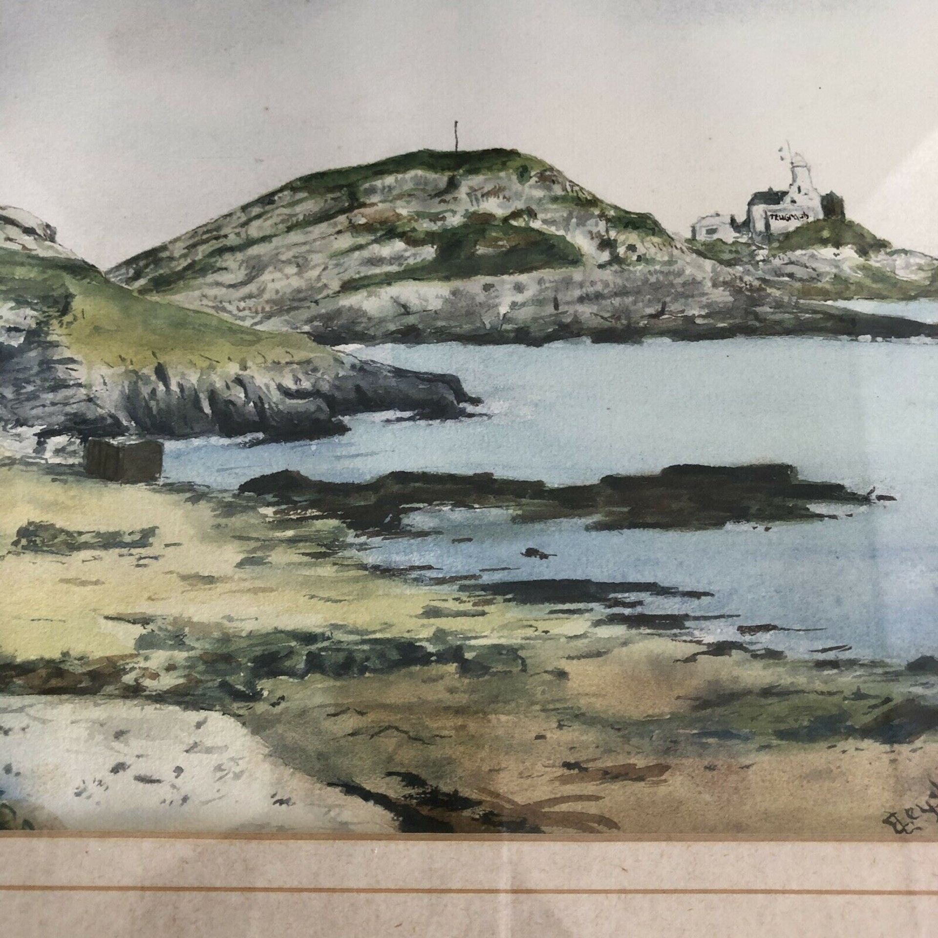 Original Signed Watercolour Painting Mumbles Lighthouse Swansea E Leyshon 1920s - Image 4 of 6