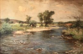 Joseph Morris Henderson Large Impressive Oil Painting Cattle By The River