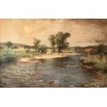 Joseph Morris Henderson Large Impressive Oil Painting Cattle By The River