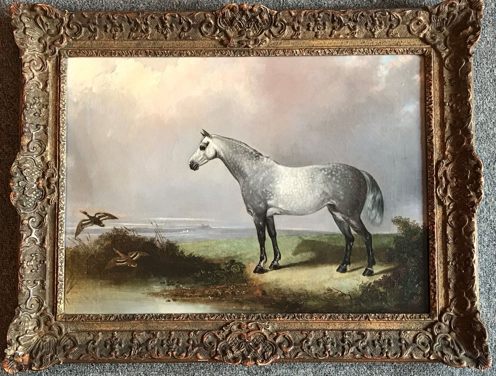 Mid Victorian Oil Depicting A Dapple Grey Horse At Waters Edge With Ducks In Flight - Image 9 of 9