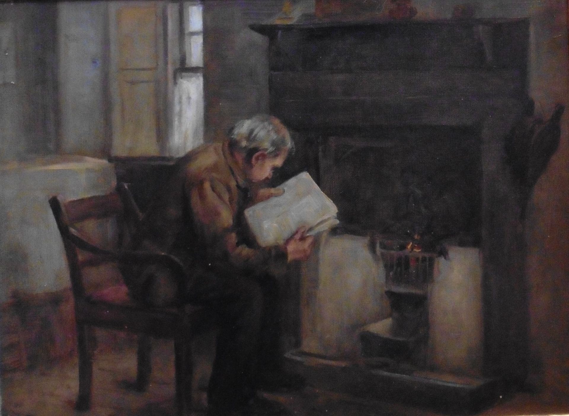 Original Signed Oil Painting By Scottish Artist Henry John Dobson Rsw Reading By The Fire