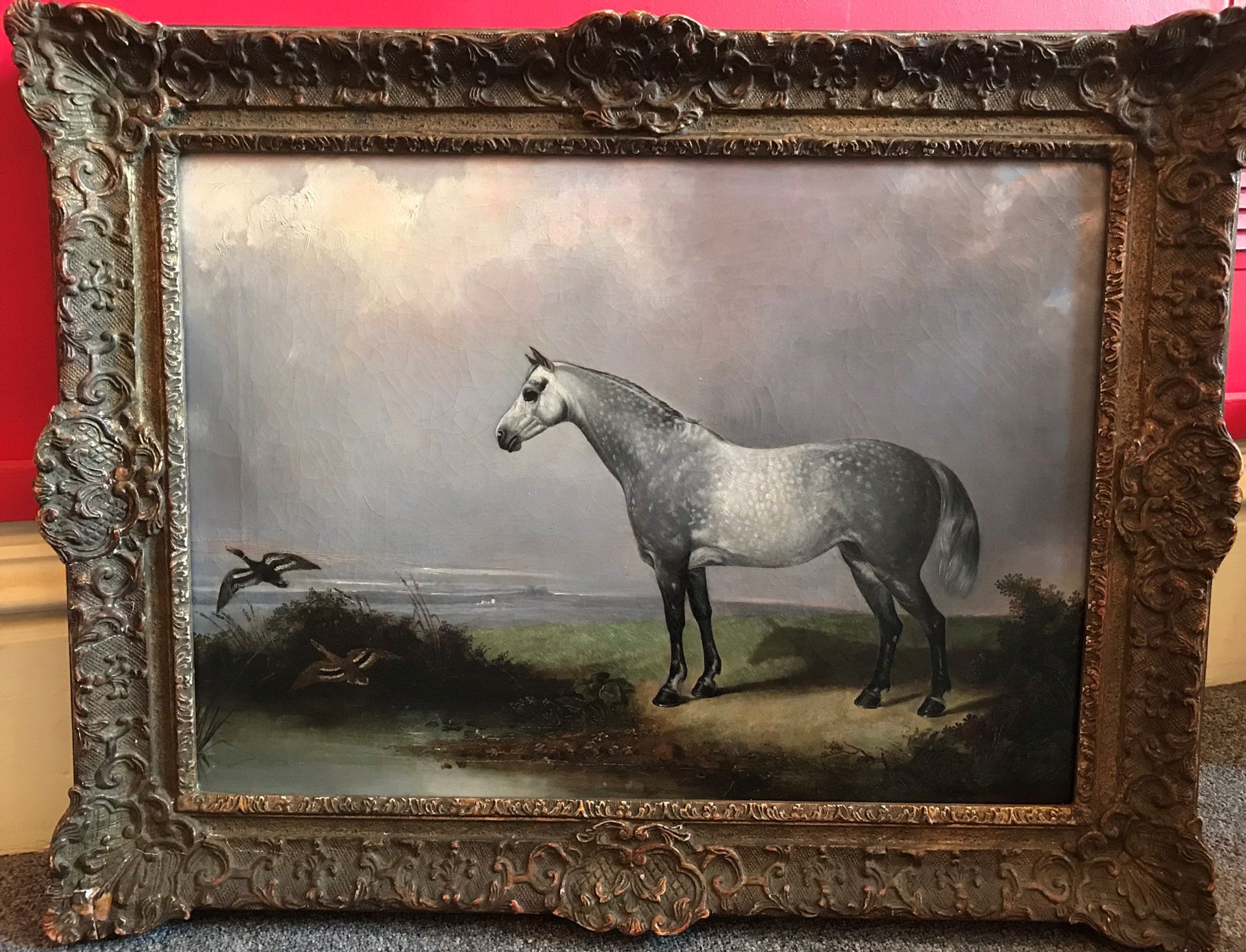 Mid Victorian Oil Depicting A Dapple Grey Horse At Waters Edge With Ducks In Flight - Image 4 of 9