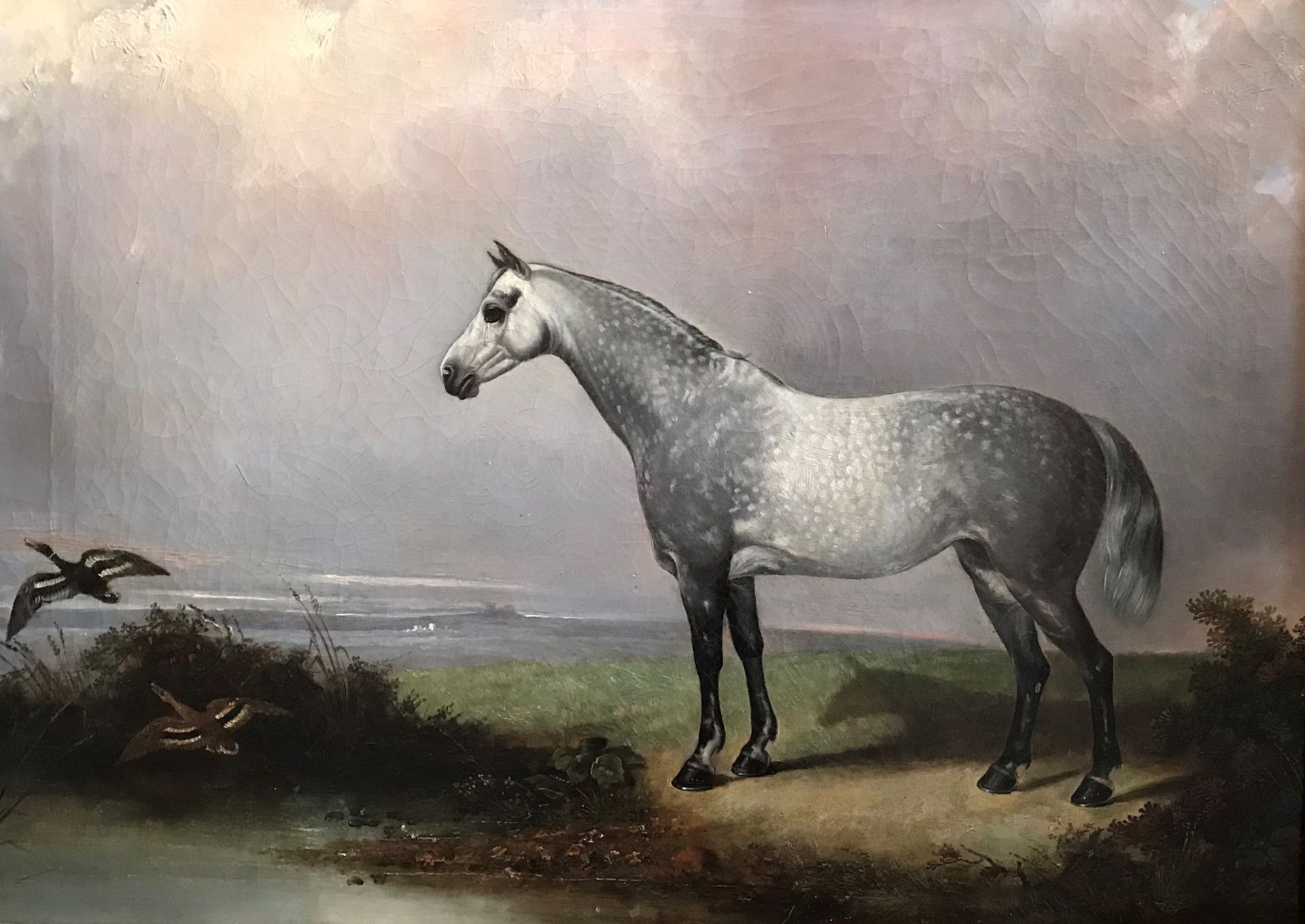 Mid Victorian Oil Depicting A Dapple Grey Horse At Waters Edge With Ducks In Flight - Image 5 of 9