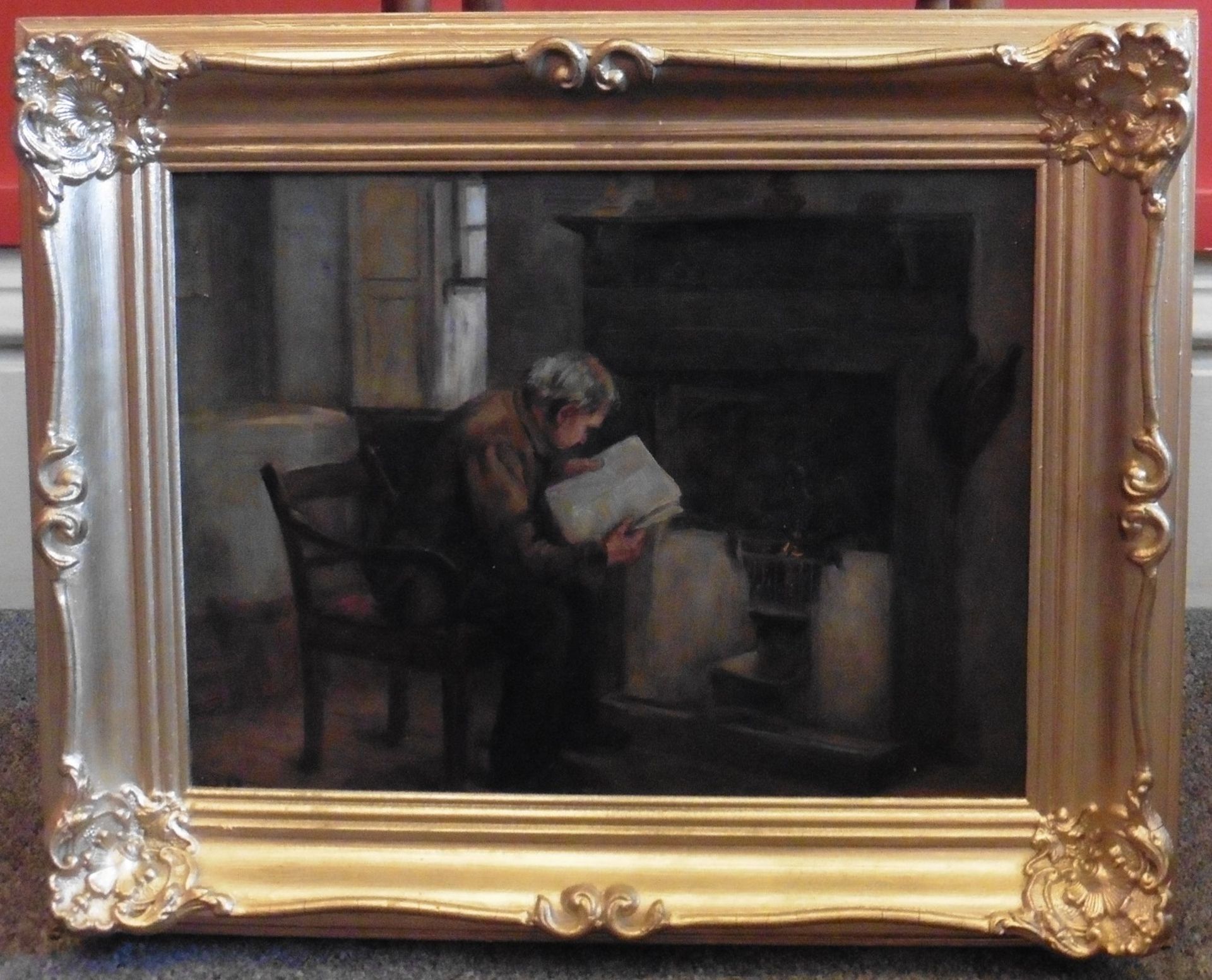 Original Signed Oil Painting By Scottish Artist Henry John Dobson Rsw Reading By The Fire - Image 3 of 3